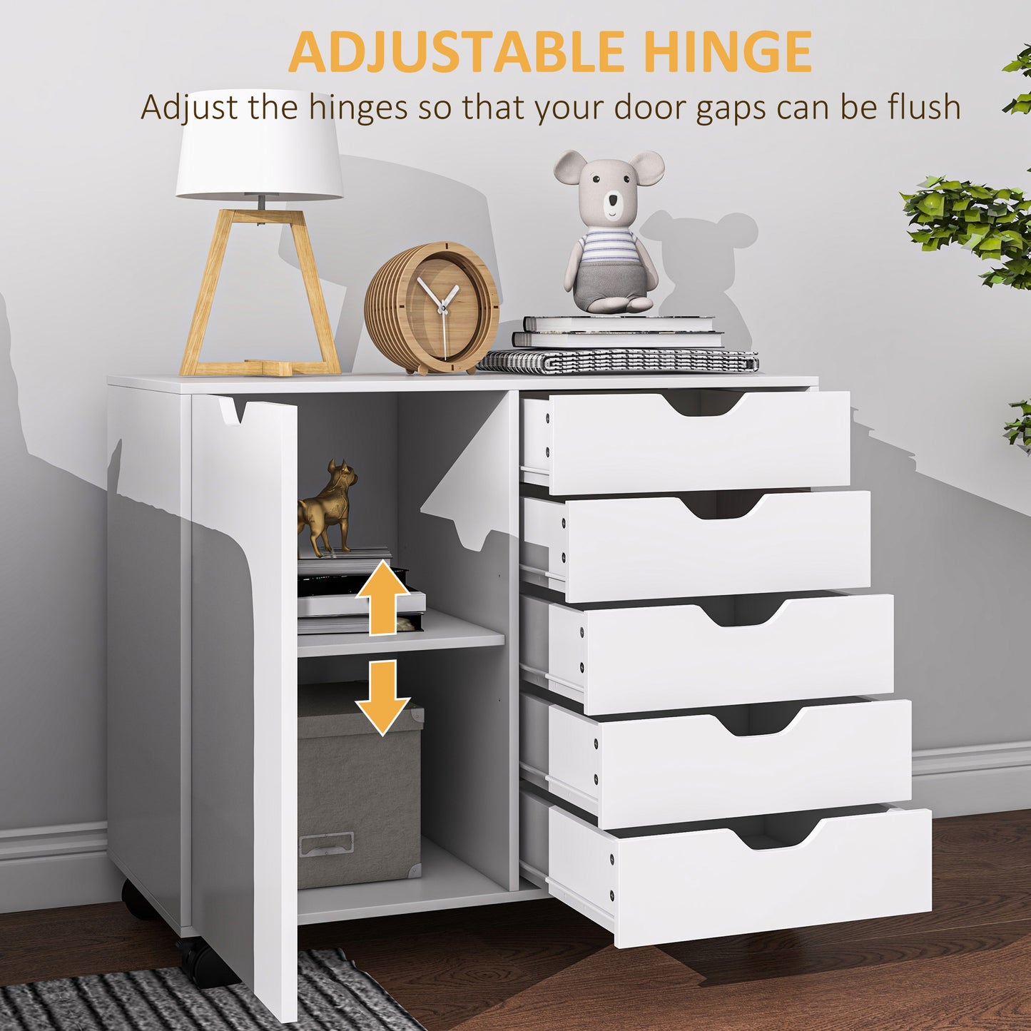 HOMCOM Mobile Office Storage Cabinet with 5 Drawers, Door and Adjustable Shelf for Home Office, White