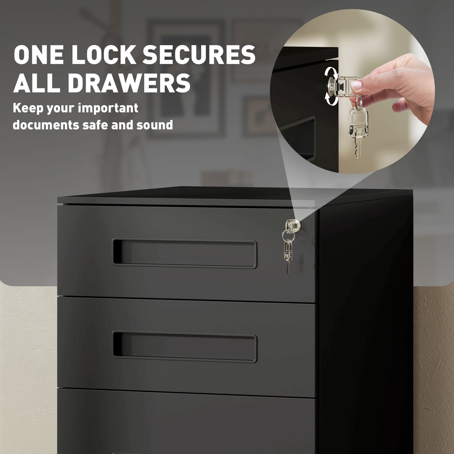 Vinsetto Metal Mobile File Cabinet, Lockable 3 Drawer for A4/Legal/Letter, Pre-Assembled Under Desk Storage, 39x48x60cm, Black