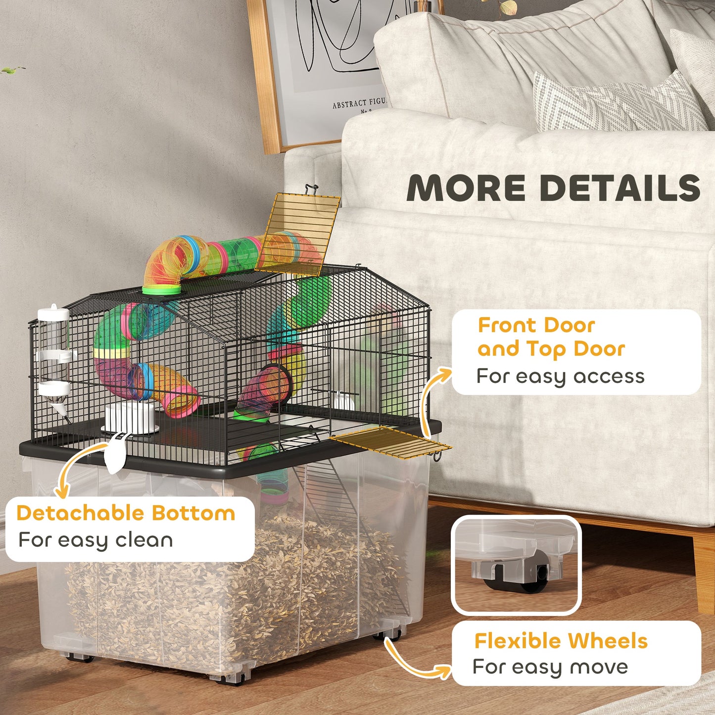 PawHut 2 Tier Hamster Cage with 31cm Deep Tray, Tube System, Water Bottle, Ramp, Feeding Bowl, 58 x 43 x 57cm, Multicolour
