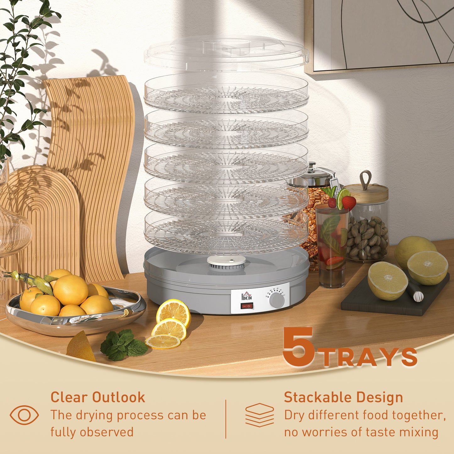HOMCOM 5 Tier Food Dehydrator, 245W Food Dryer with Adjustable Temperature for Fruit, Meat, Veggies, Jerky, Pet Treats, Grey