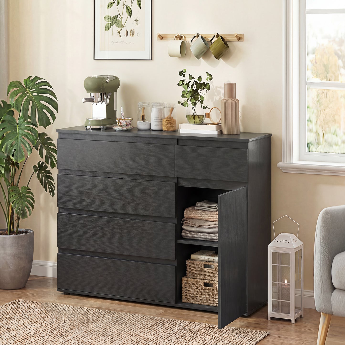 HOMCOM Modern Sideboard, Sideboard Storage Cabinet with 5 Drawers, Adjustable Shelf, Soft-Close Door, Black