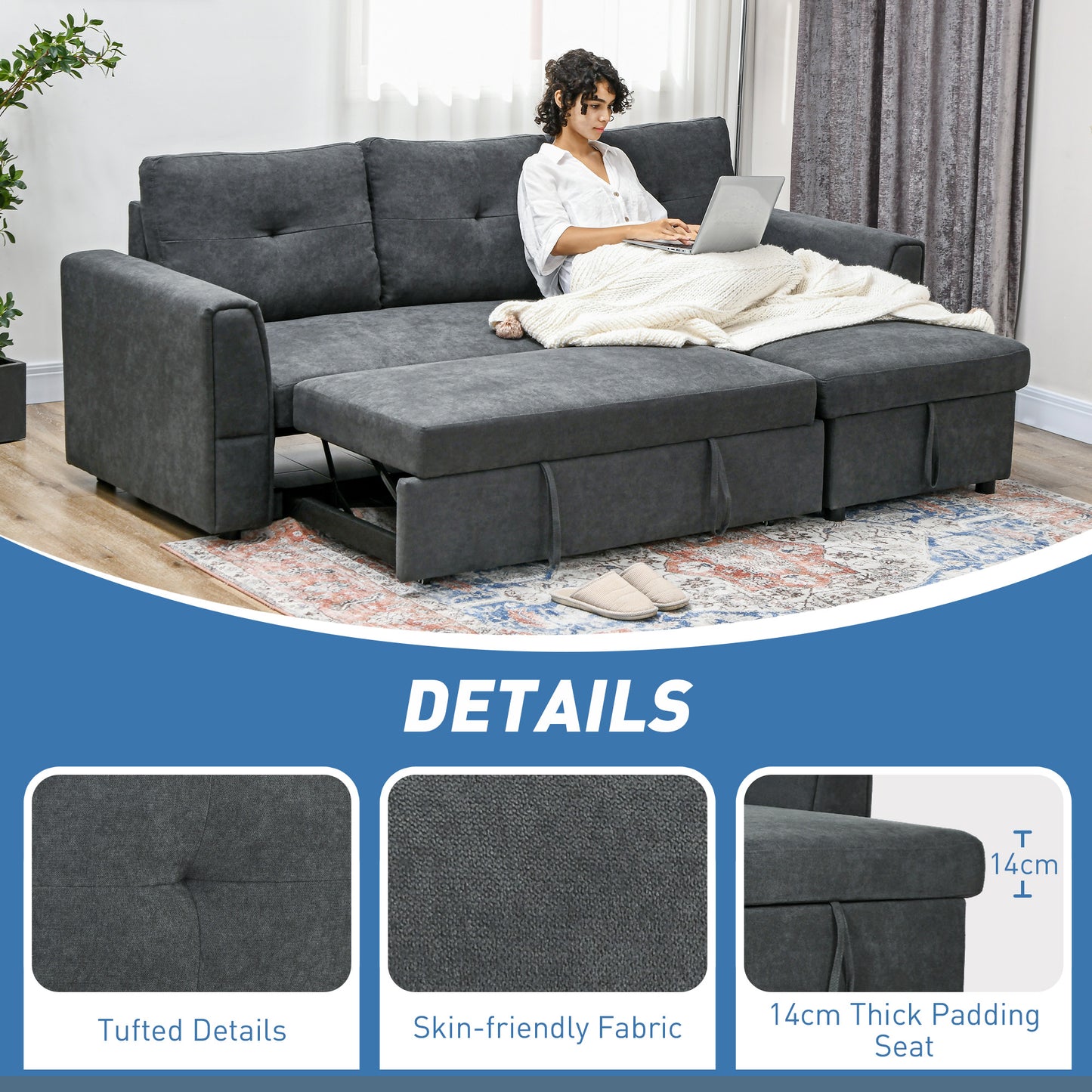 HOMCOM 3 Seater Sofa Bed, L-Shaped Corner Sofa, Pull Out Sofa with Storage Dark Grey