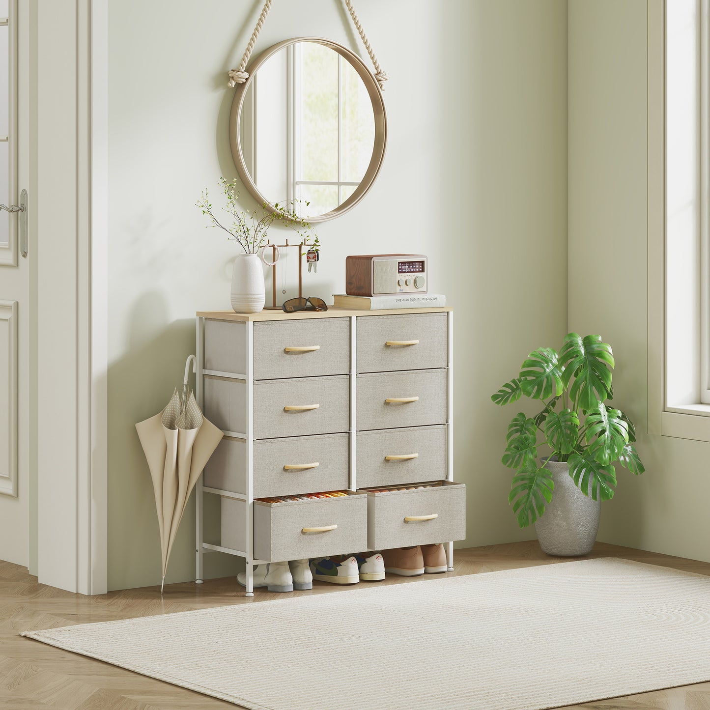 HOMCOM Industrial Chest of Drawers, 8 Fabric Drawers, Steel Frame, Wooden Top, for Nursery, Living Room, Hallway, Maple Wood-effect