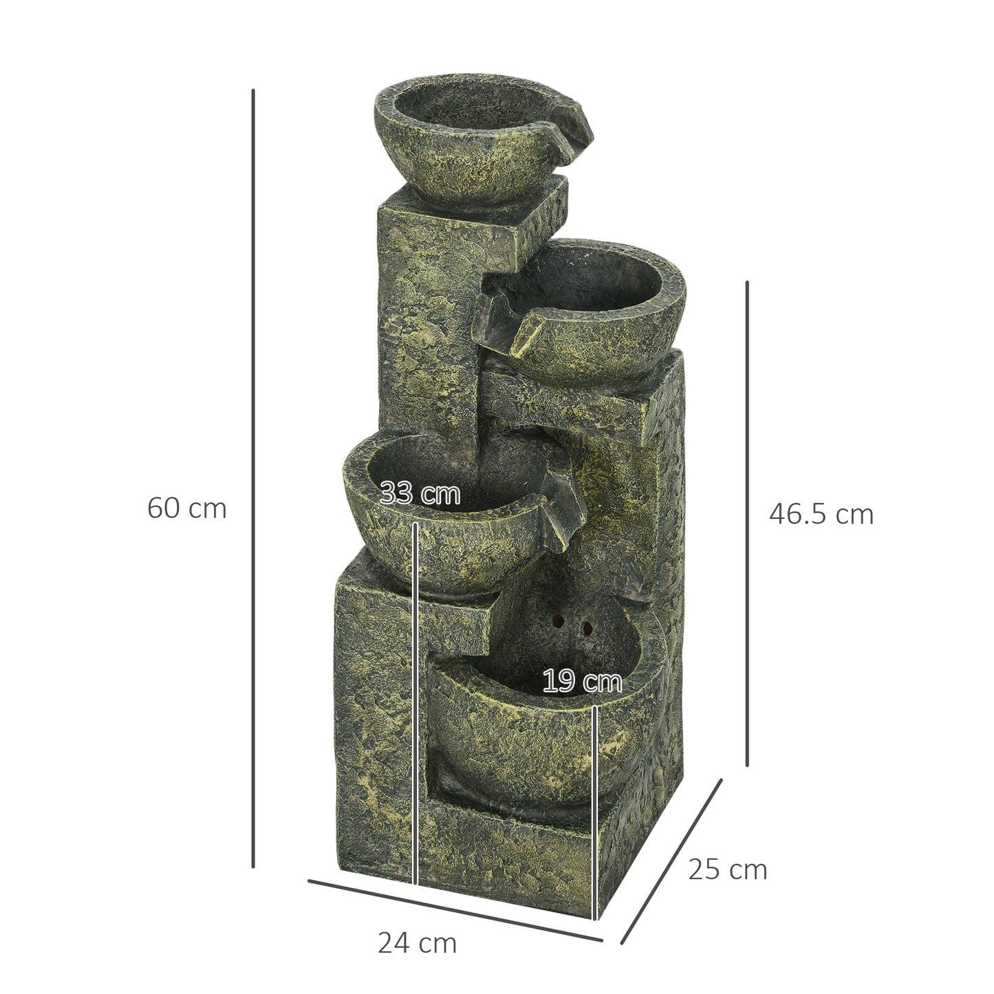 Outsunny Garden Water Feature Waterfall Fountain with 4-Tier Stone Look Bowls Adjustable Flow Black and Yellow