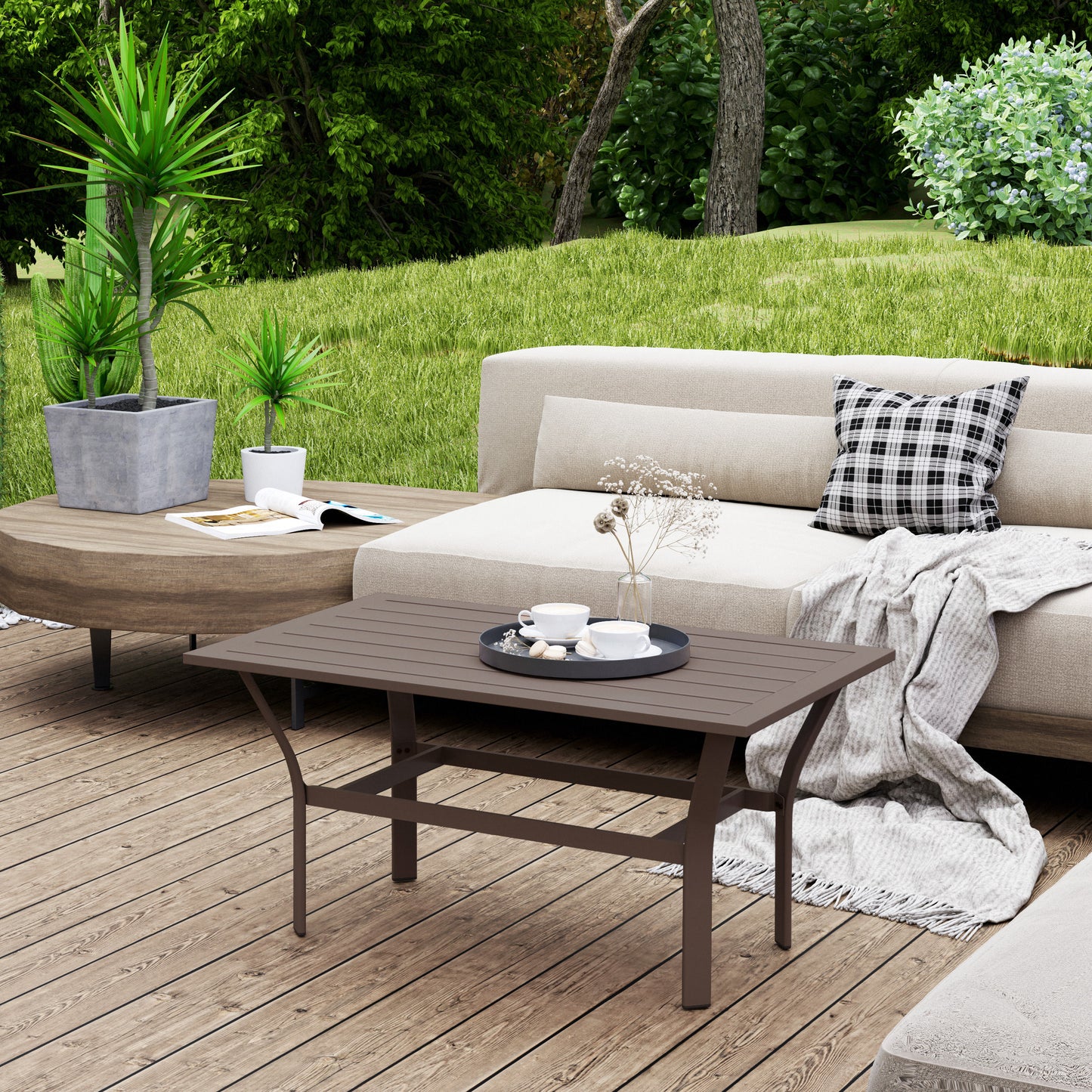 Outsunny Metal Garden Coffee Table, Rectangular Outdoor Side Table with Slatted Tabletop and Foot Pads for Garden or Porch, Brown