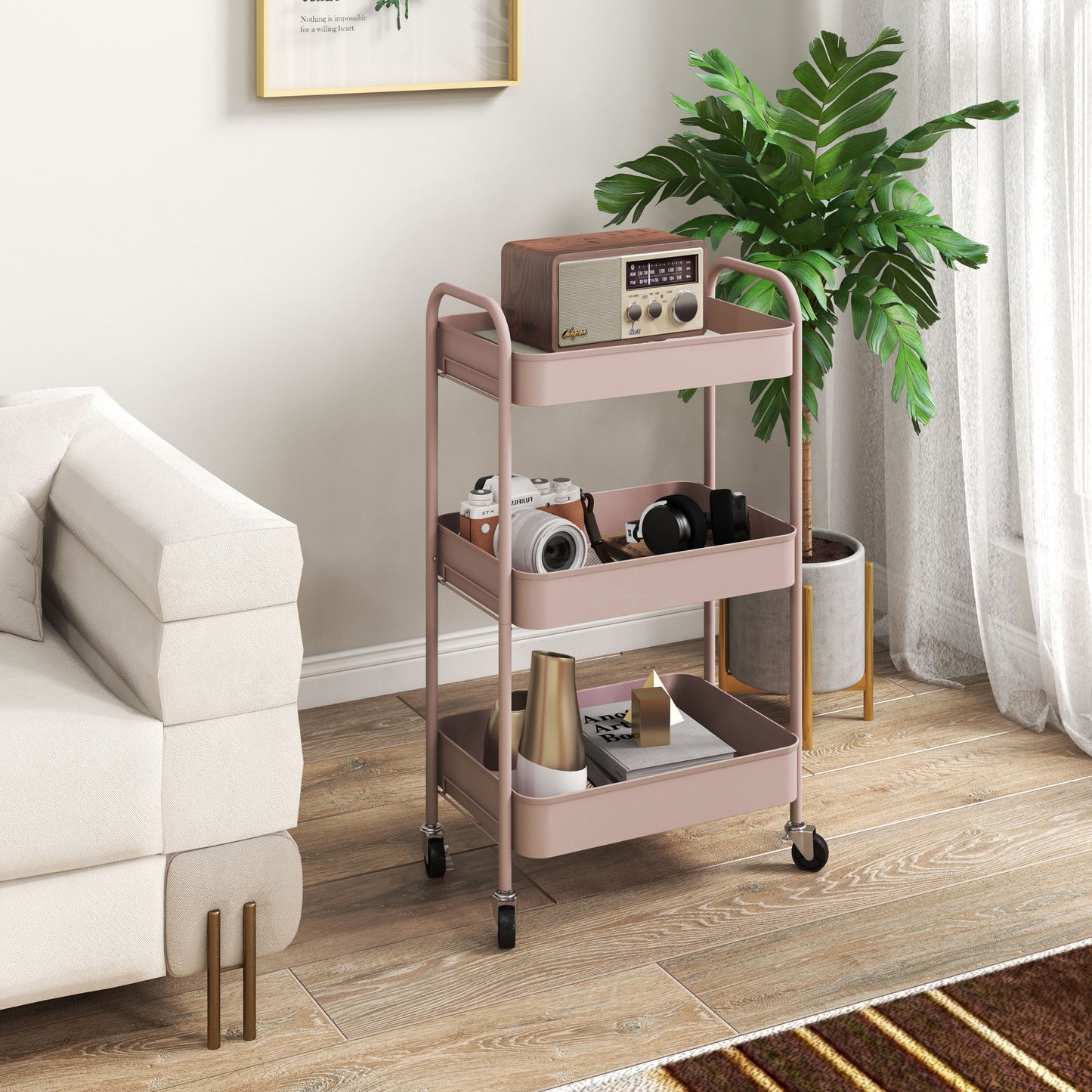 HOMCOM 3-tier Storage Trolley on Wheels, Metal Storage Cart, Rolling Ultility Cart with 3 Mesh Baskets for Living Room, Kitchen, Pink