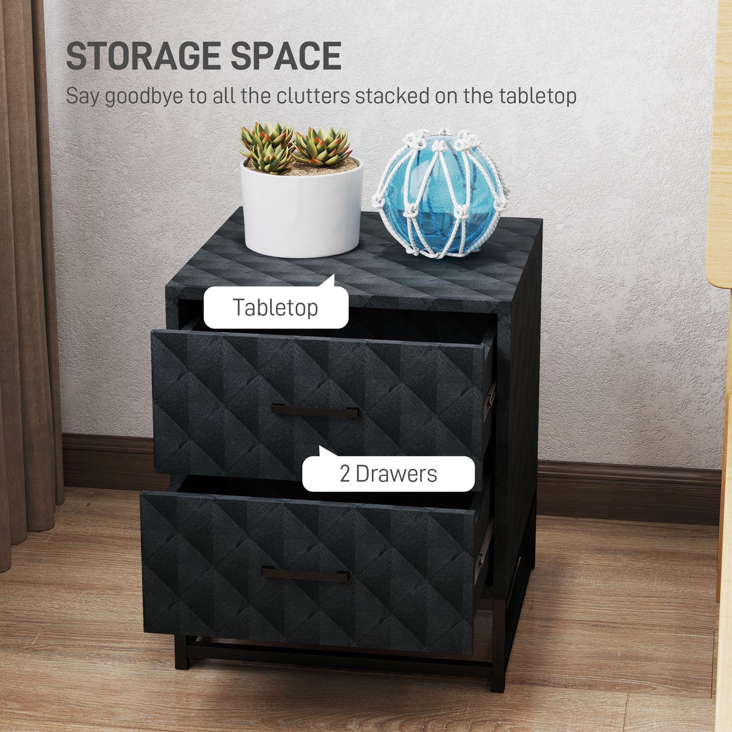 HOMCOM Bedside Tables Set of 2, Modern Nightstand with 2 Drawers, Steel Legs, for Bedroom/Living Room, Black