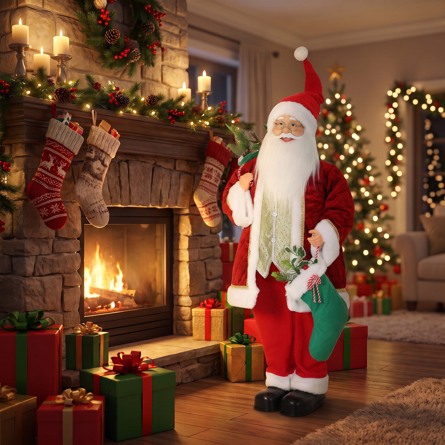 HOMCOM 4ft Life Size Singing Dancing Santa Claus, 120 cm Standing Musical Animated Santa