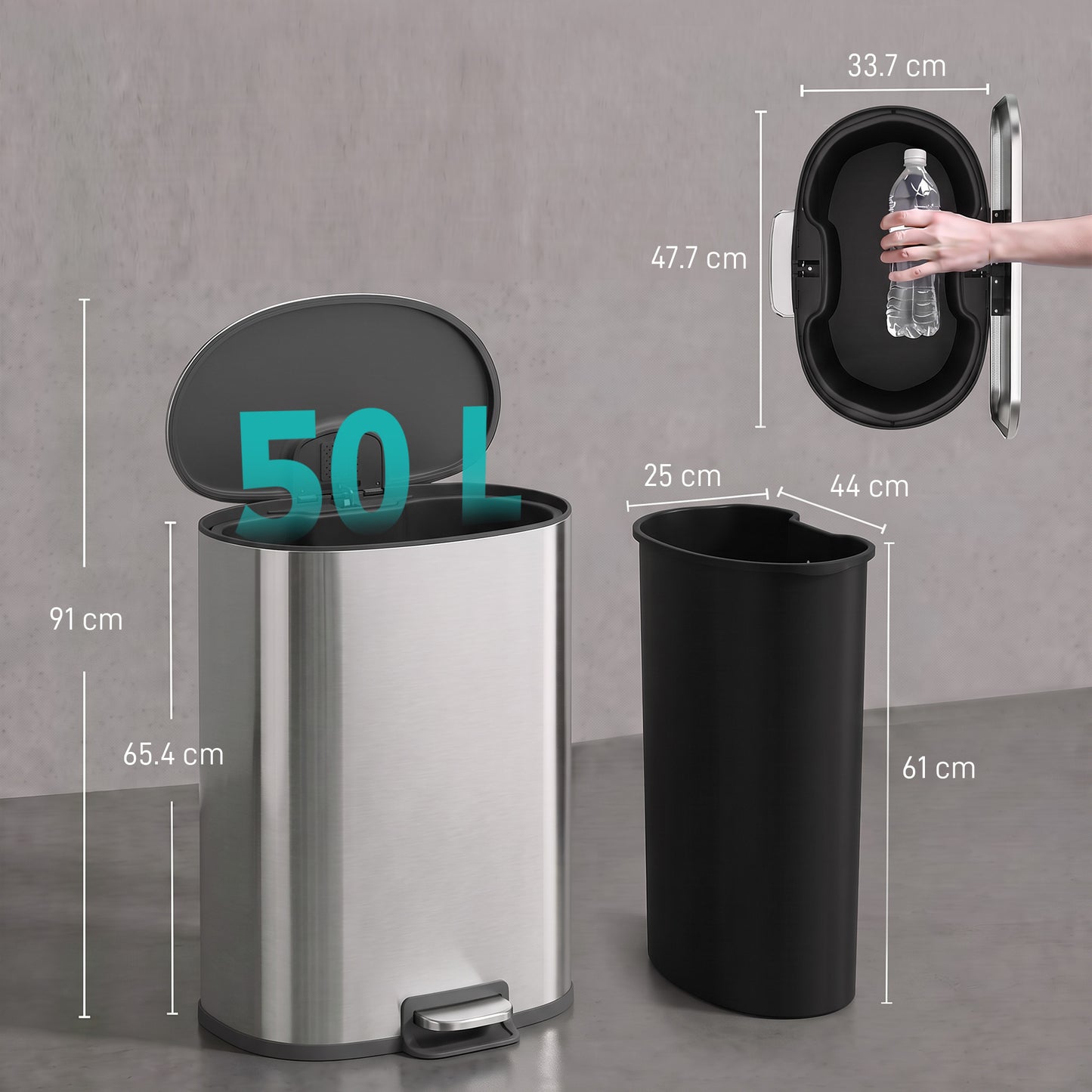 HOMCOM 50L Kitchen Pedal Bin, Rubbish Bin with Soft-Close and Stay-Open Lid, Removable Inner Bucket, Silver Tone