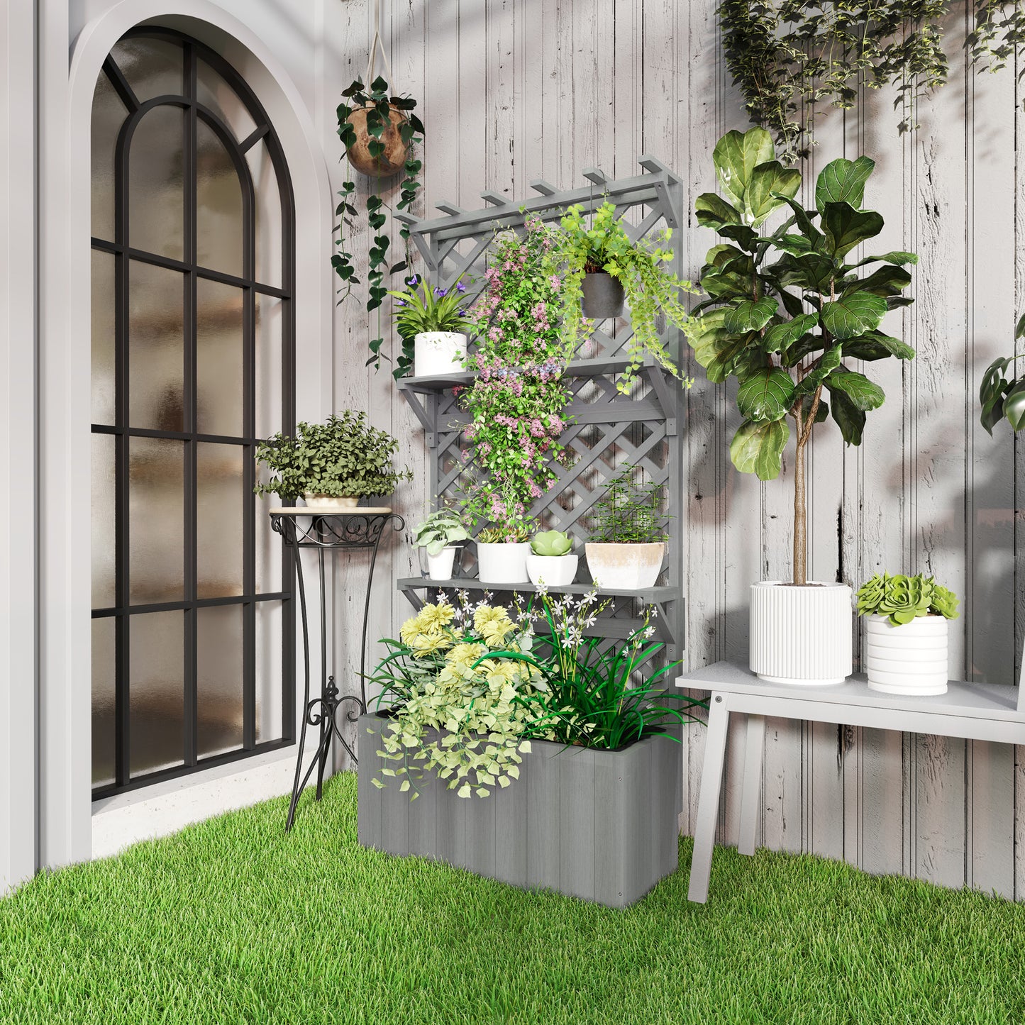Outsunny Wooden Planter with Trellis, Freestanding Raised Bed with Roof, Shelves, Drainage Holes & Liner for Garden, Grey