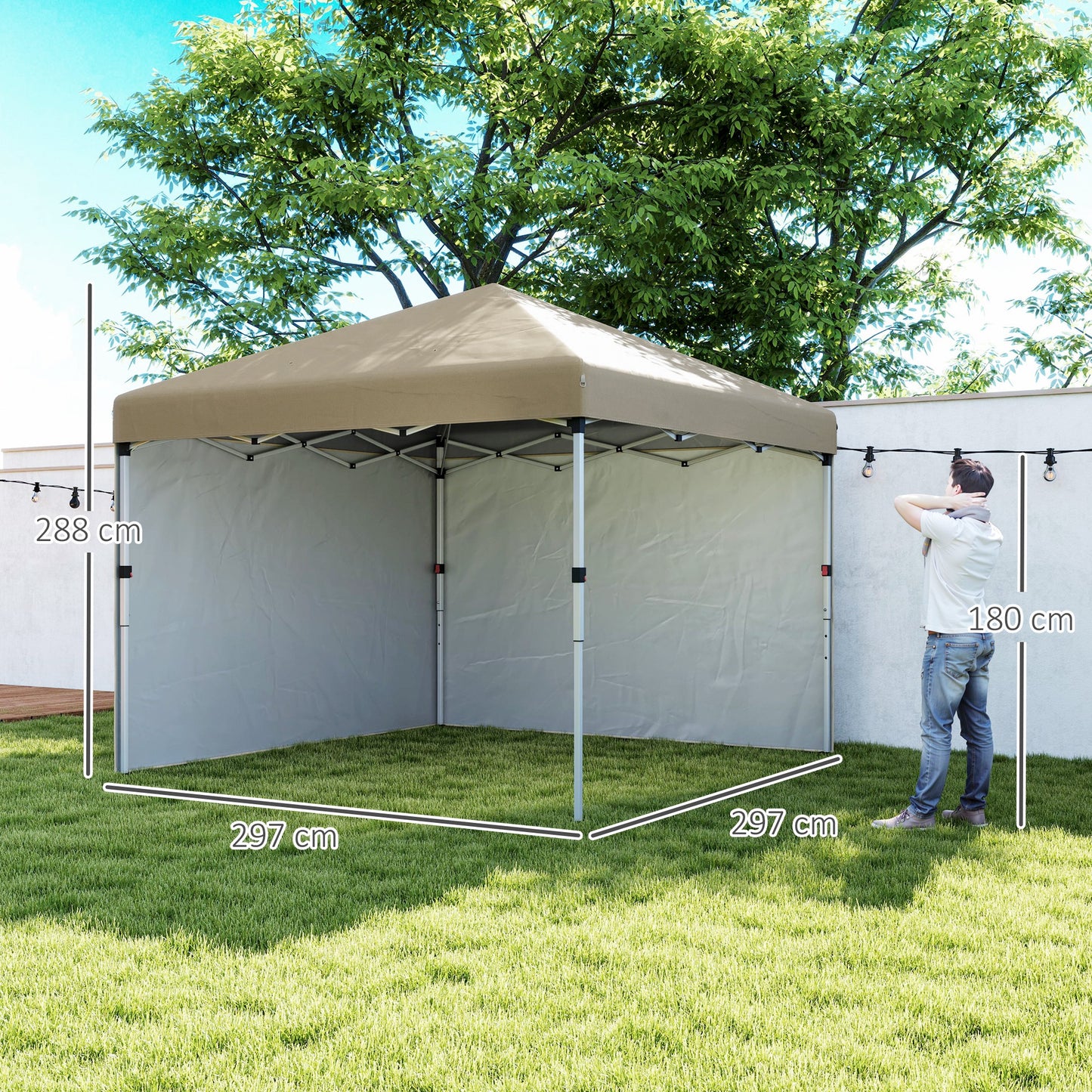 Outsunny 3x3m Pop Up Gazebo, UPF 30+, 2 Sidewalls, Leg Weight Bags & Wheeled Bag, Adjustable, Khaki