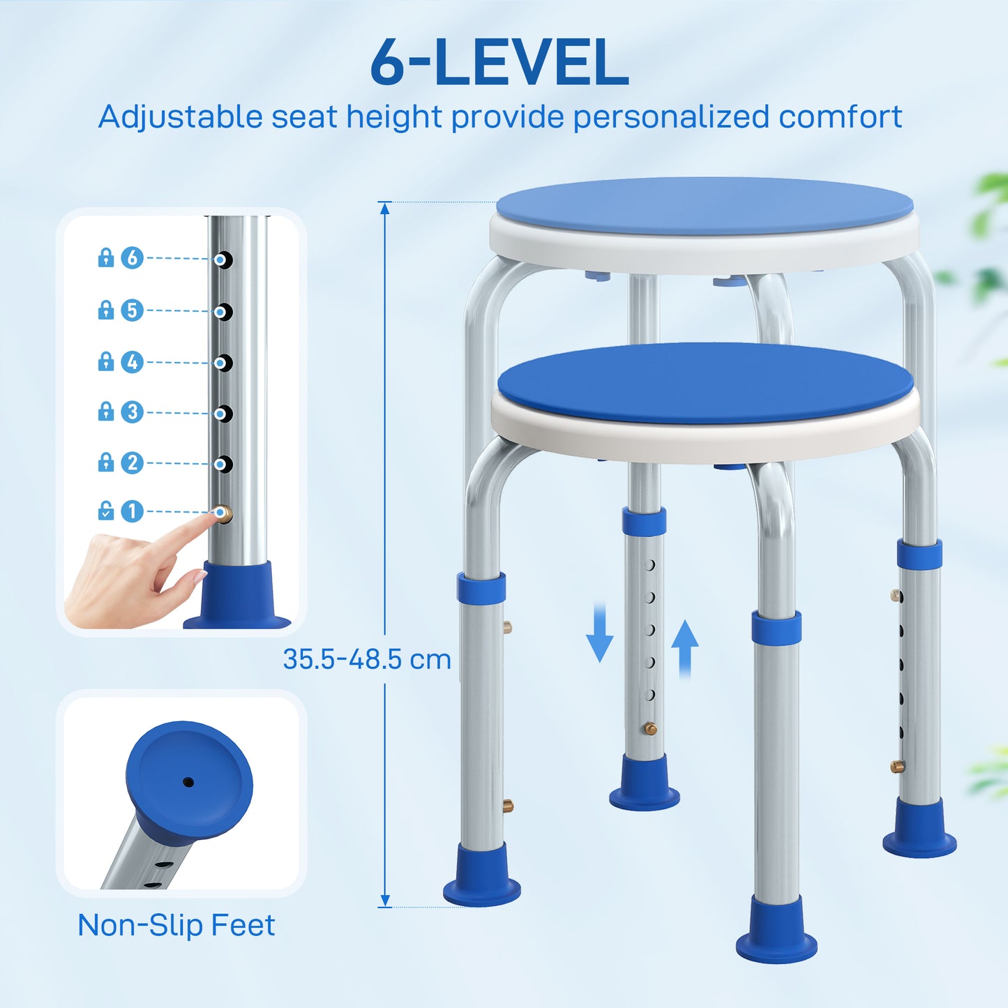 HOMCOM 360° Swivel Shower Chair, Height Adjustable Aluminium Shower Stool with Non-Slip Feet for Disabled, Elderly, Blue