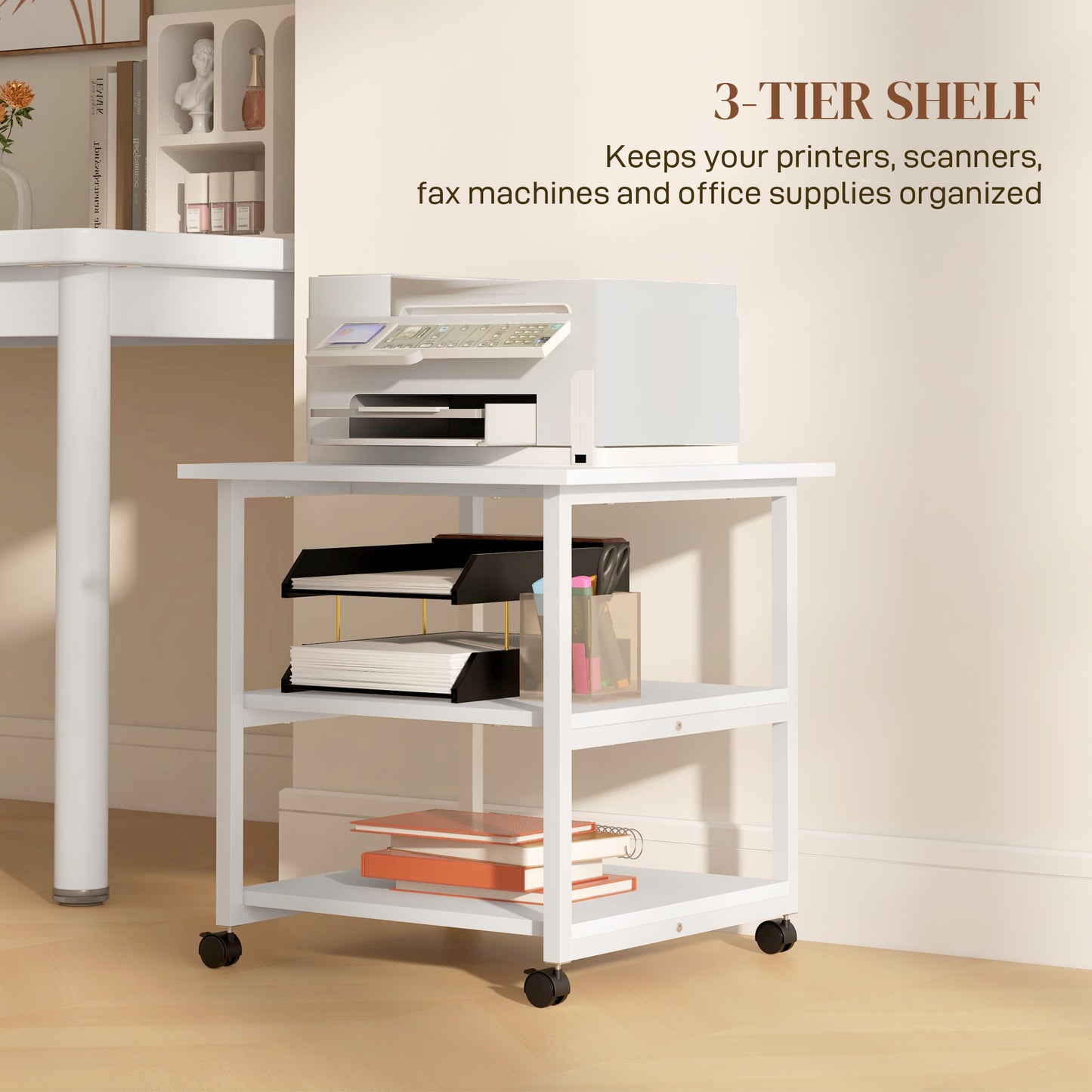 HOMCOM 3-Tier Mobile Printer Stand on Wheels - White