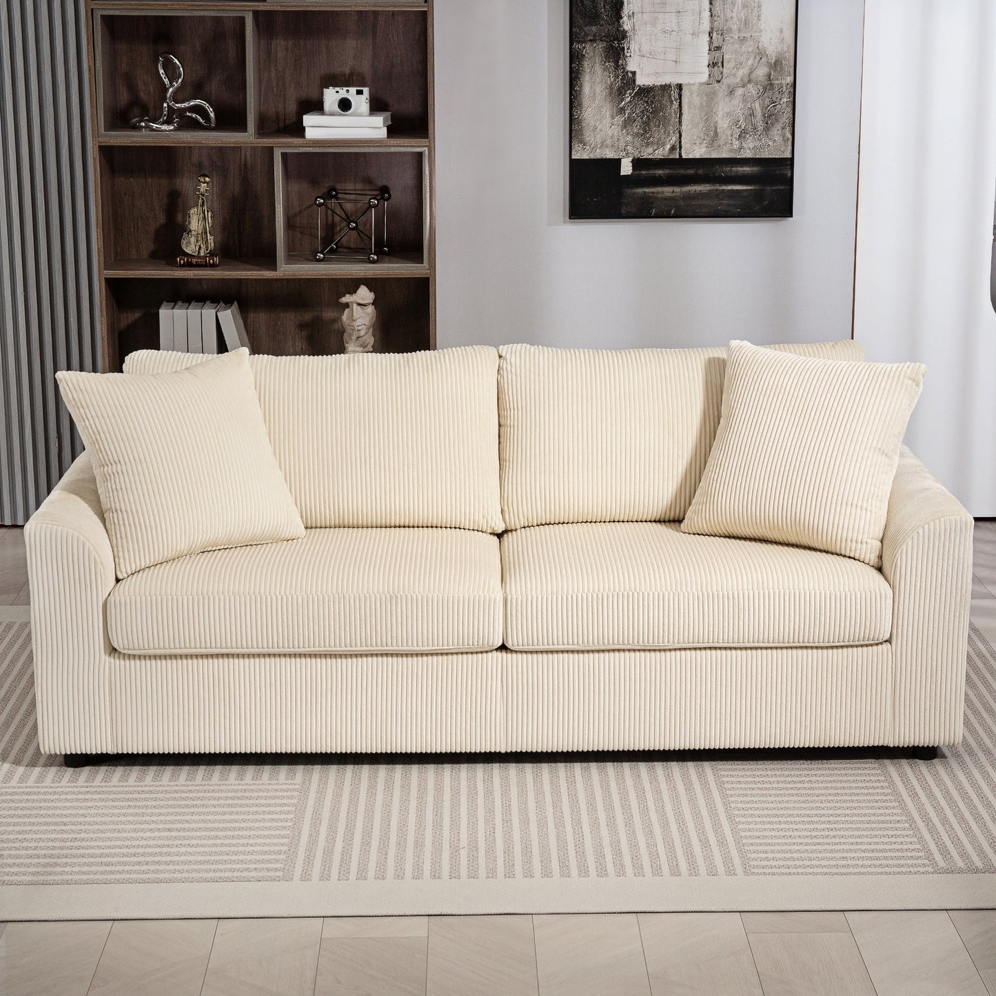 HOMCOM 3 Seater Sofa, 212 cm Fabric Jumbo Cord Sofa with Spring & 2 Scatter Cushions, Upholstered for Living Room/Bedroom/Office, Cream White
