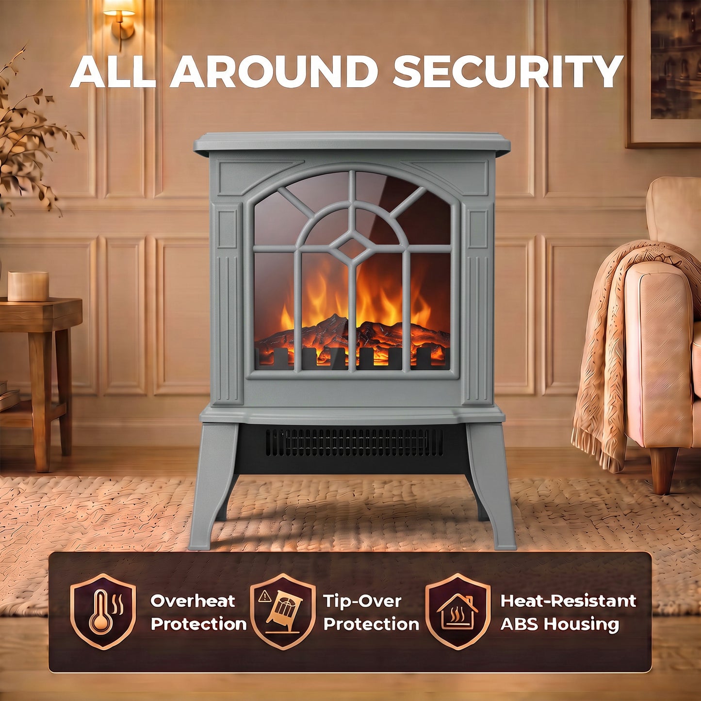 HOMCOM Freestanding Electric Fireplace, Electric Log Burner w/ LED Flame Effect, Overheating Safety System, 1000W/2000W, Grey