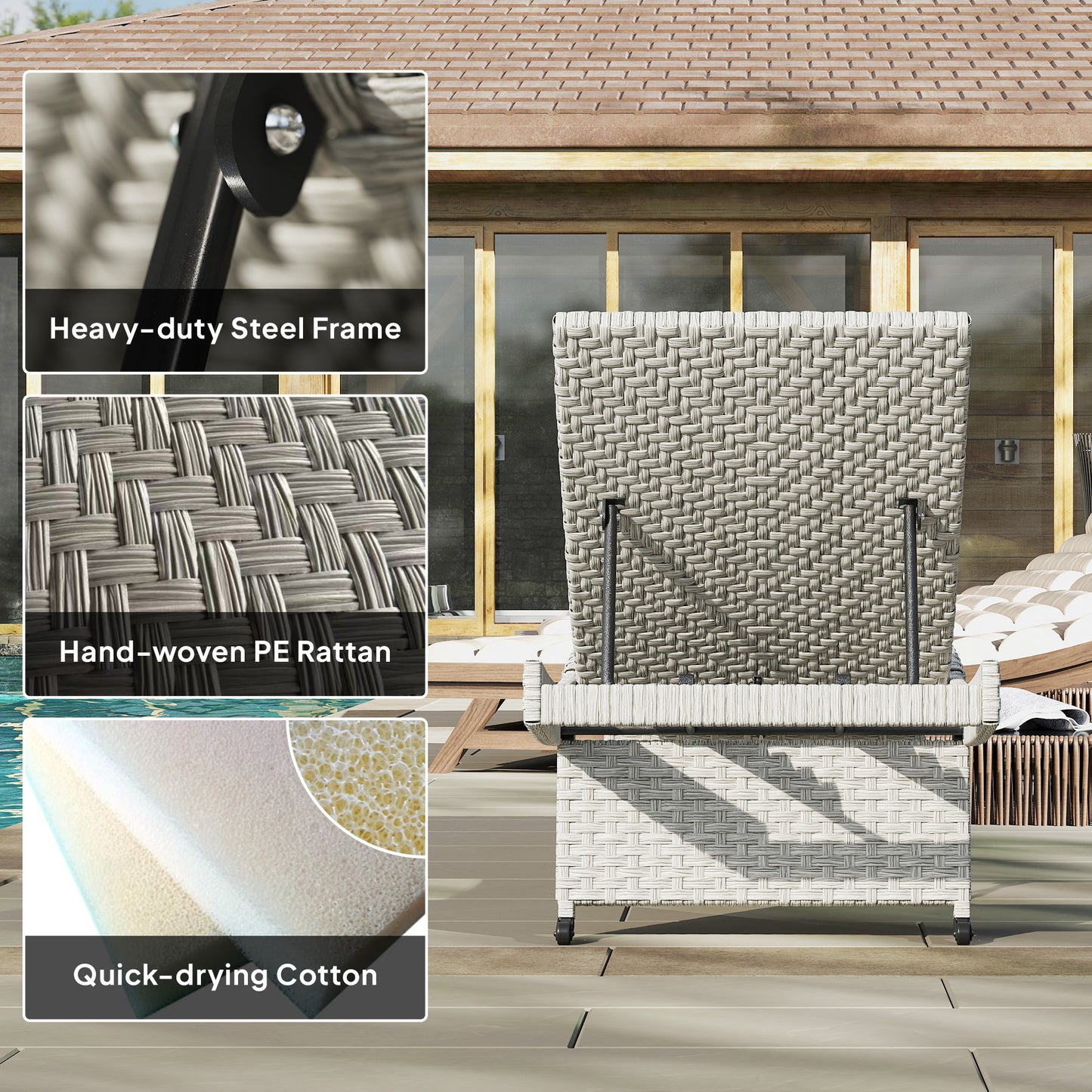 Outsunny Outdoor PE Rattan Folding Sun Lounger with Adjustable Backrest, Wheels & Non-Slip Legs for Balcony/Beach, Grey.