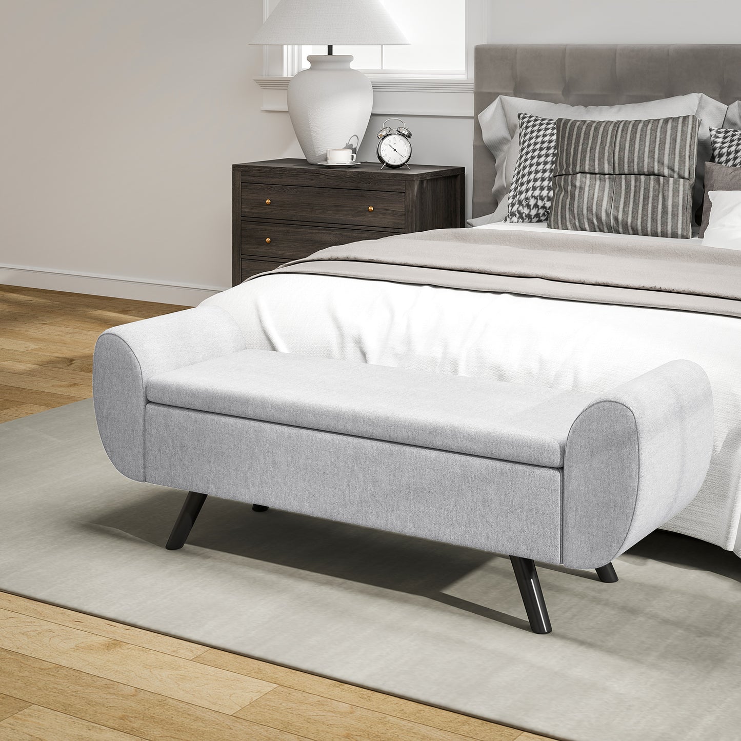 HOMCOM Storage Ottoman with Armrest, Upholstered Linen Bench, Rubberwood Legs, Footstool for Bedroom, Living Room, Hallway, Light Grey