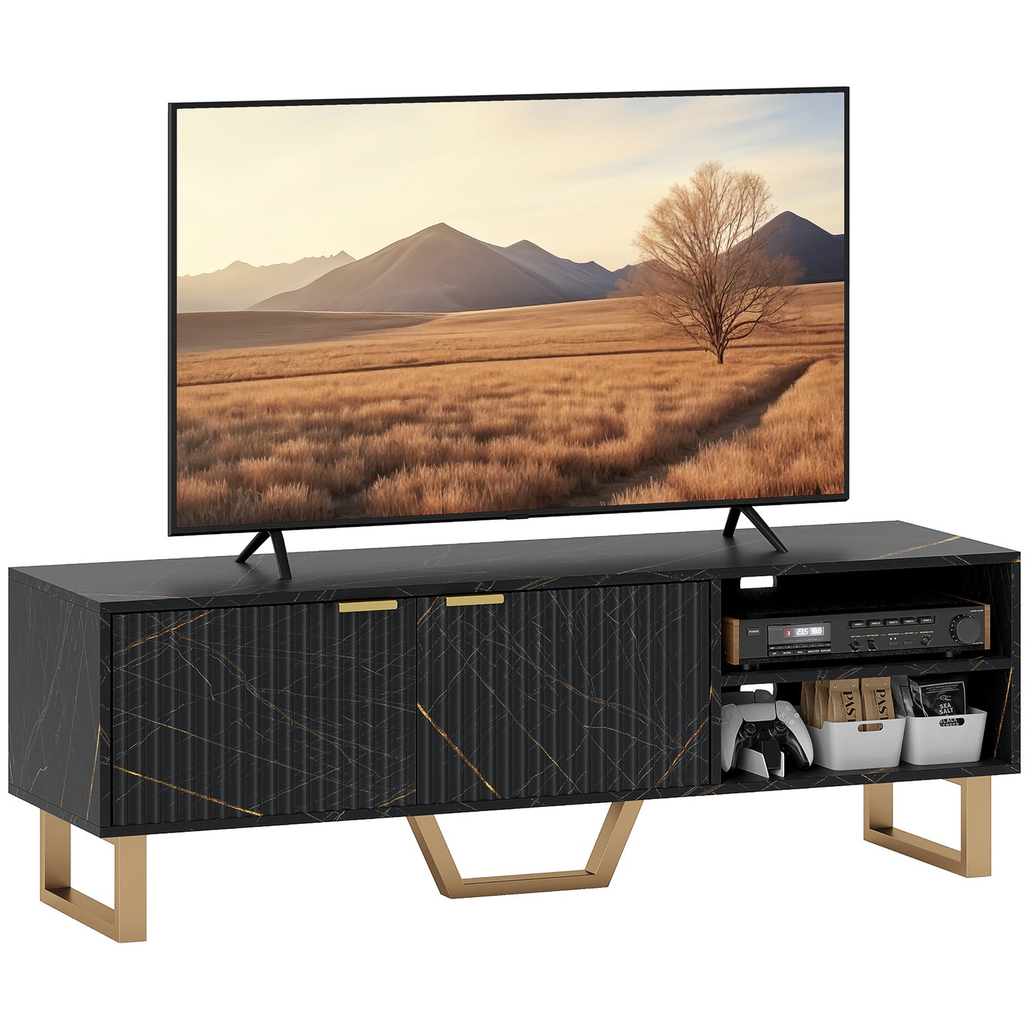 HOMCOM TV Stand Cabinet, Marble Effect, Fits up to 70" TVs, Modern Design with Shelves, Storage, Fluted Door, Cable Management, Black