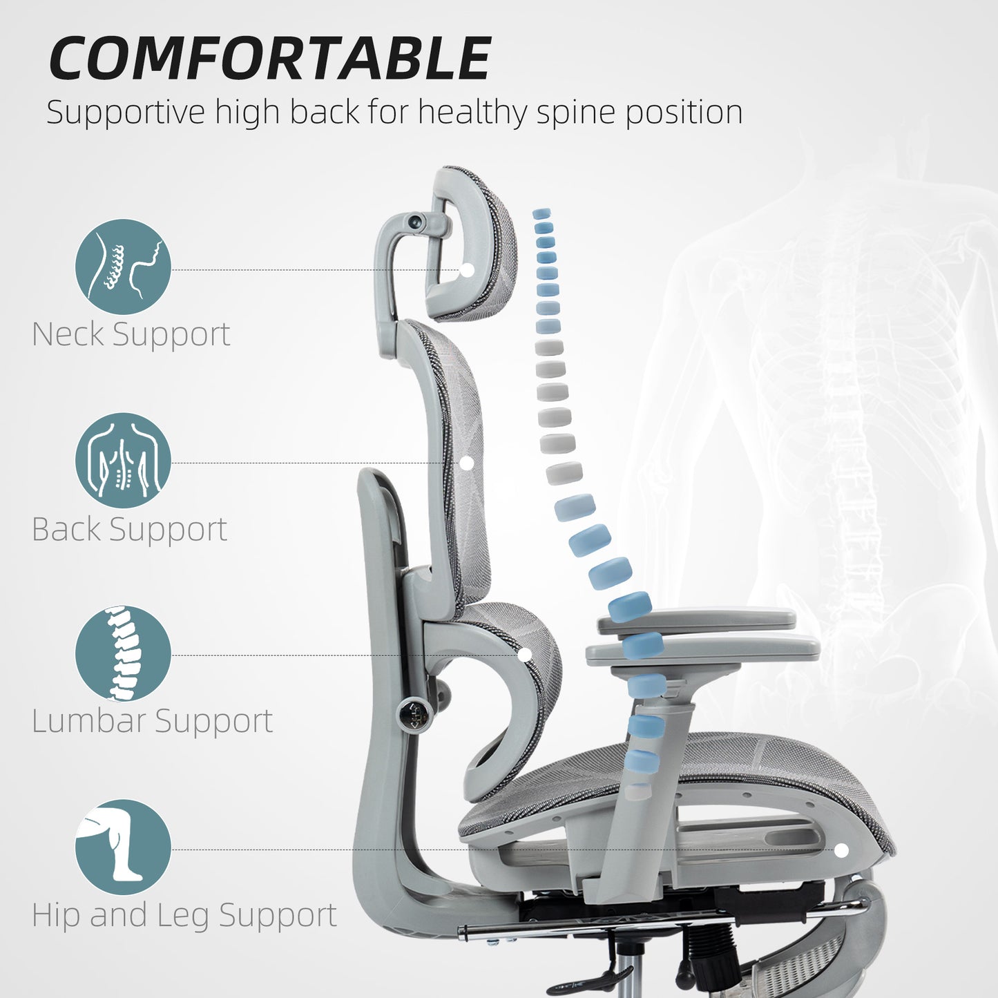 HOMCOM Executive Office Chair with Lumbar Support, Reclining Function, Headrest, Footrest, Grey