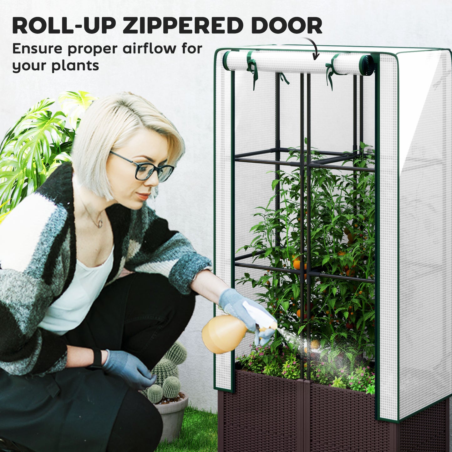 Outsunny Raised Garden Bed with Trellis, Plastic Planter Box with Drainage for Climbing Plants, 80x40x140 cm