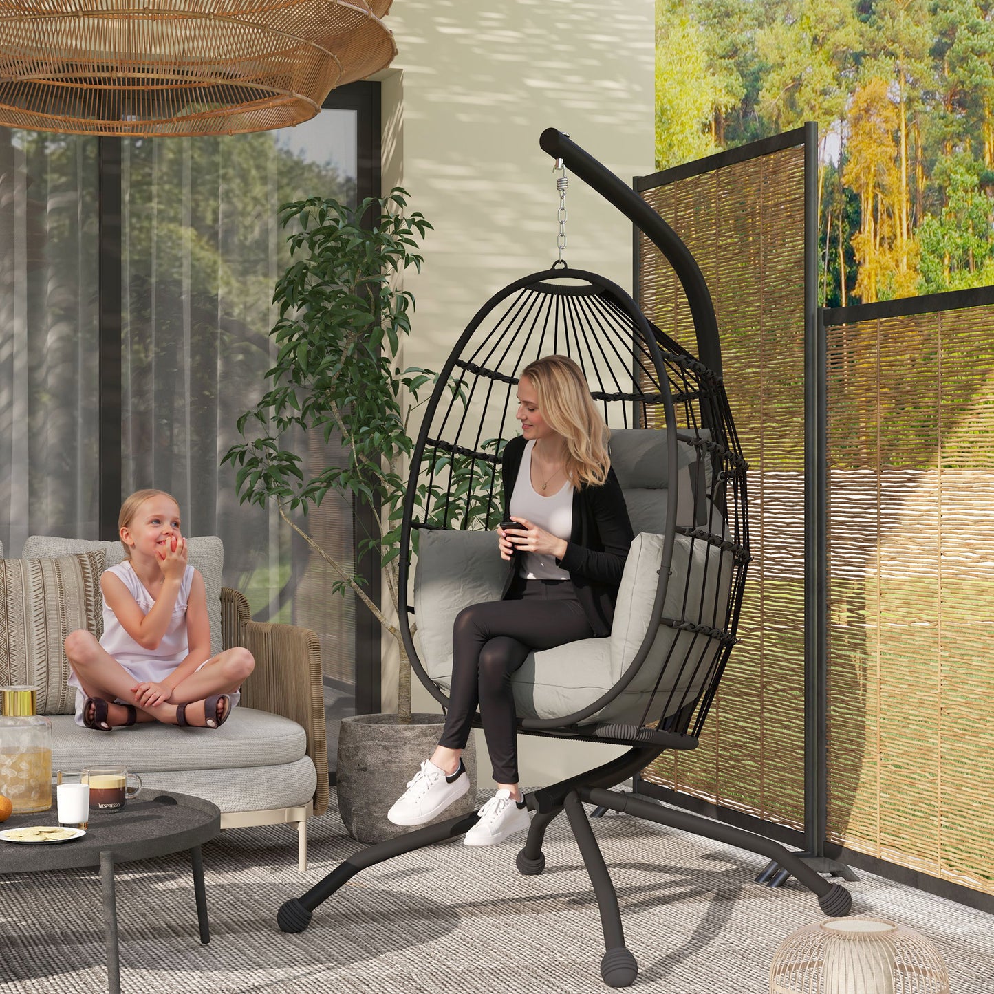Outsunny Hanging Egg Chair: Indoor/Outdoor Swing with Stand, Cushion, Headrest, Cup Holder, Dark Grey