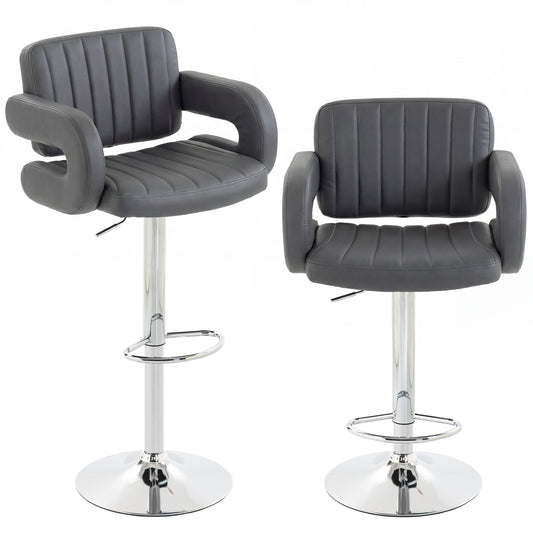 HOMCOM Bar Stools Adjustable Swivel Kitchen Chairs with Backrest Armrest Set of 2 PU Leather Grey