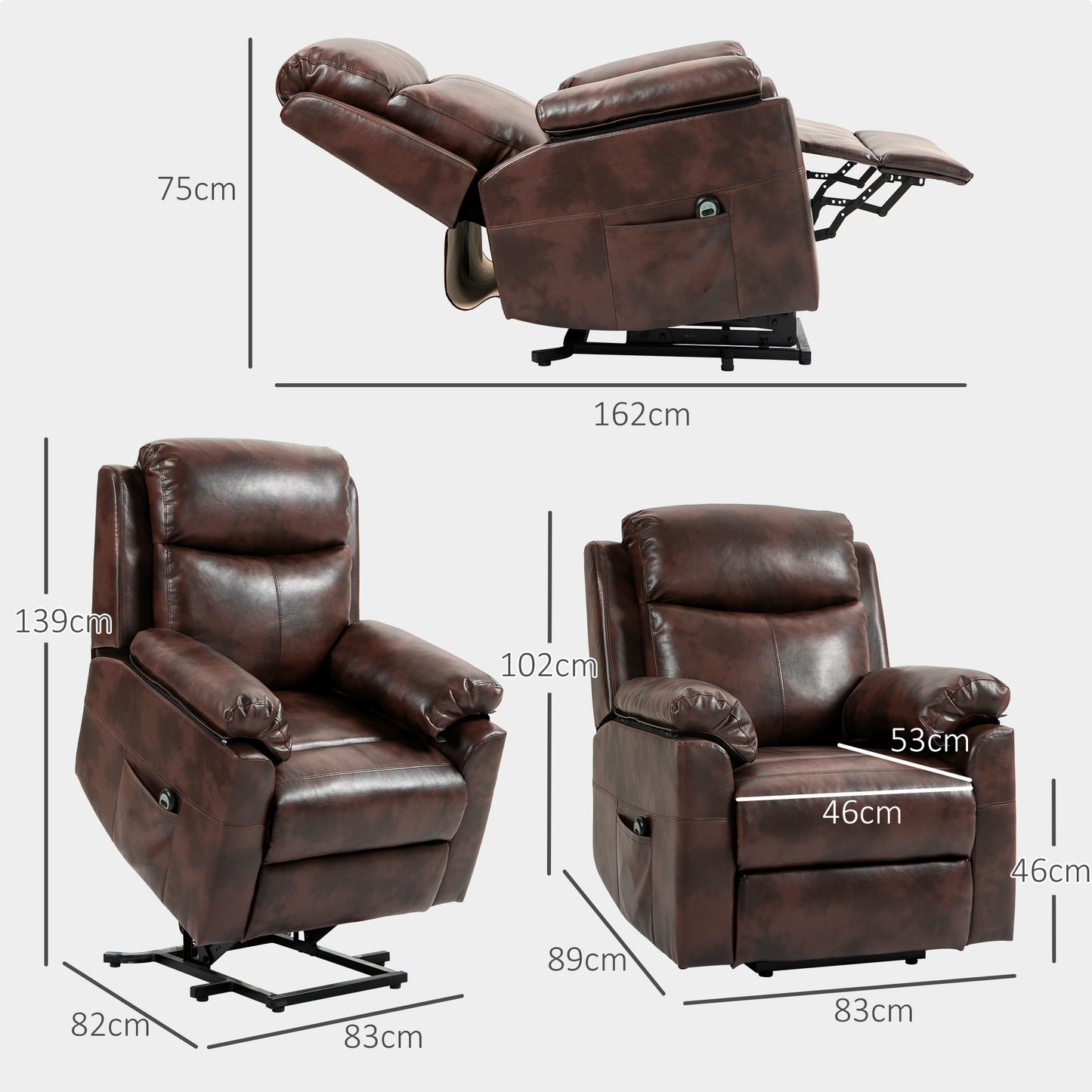 HOMCOM Faux Leather 70° Electric Riser Recliner Chair - Dark Brown