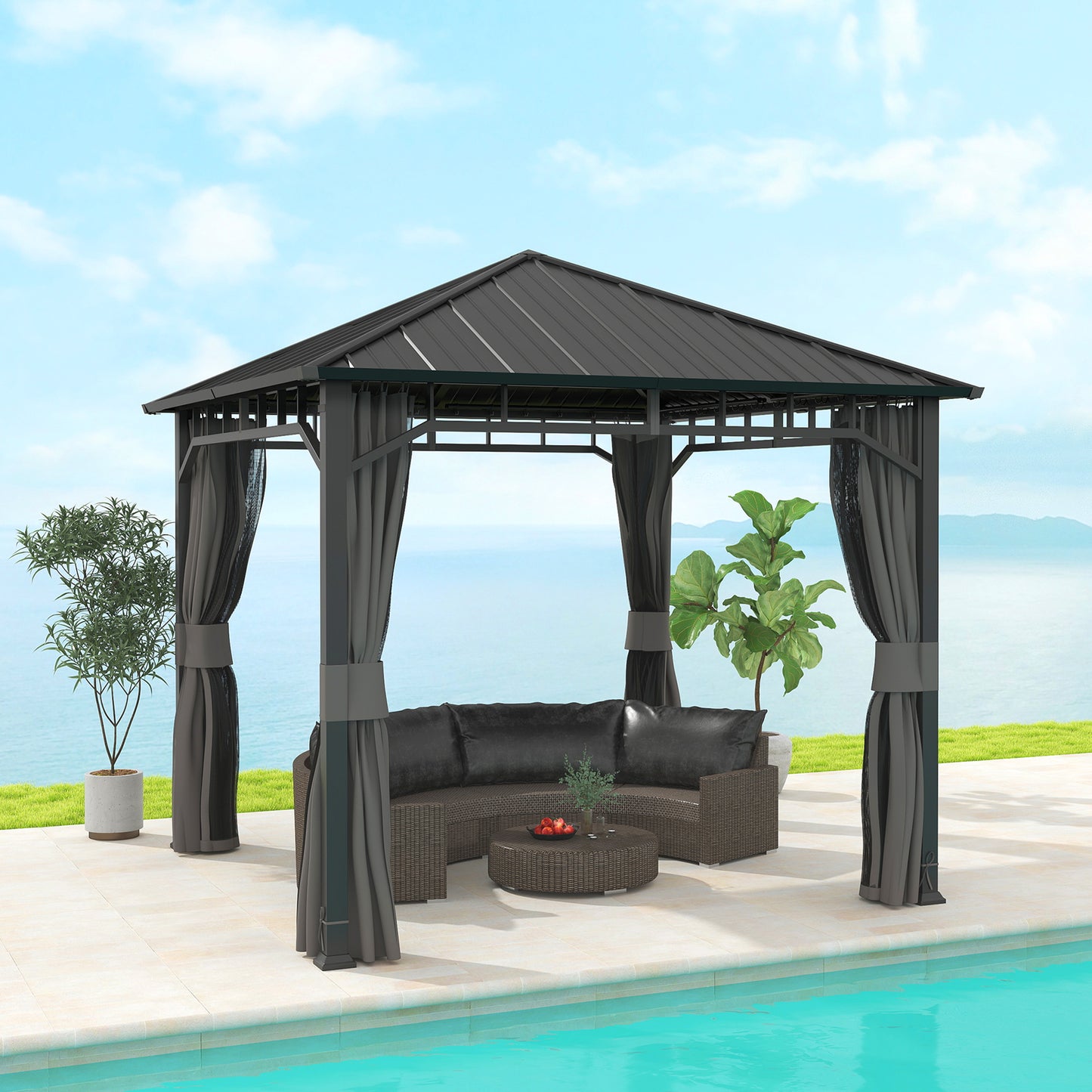 Outsunny Hardtop Gazebo, 3x3m, Steel Roof, Water Gutter, Waterproof Pavilion with Netting/Curtains for Patio/Deck, Garden Gazebo, Black