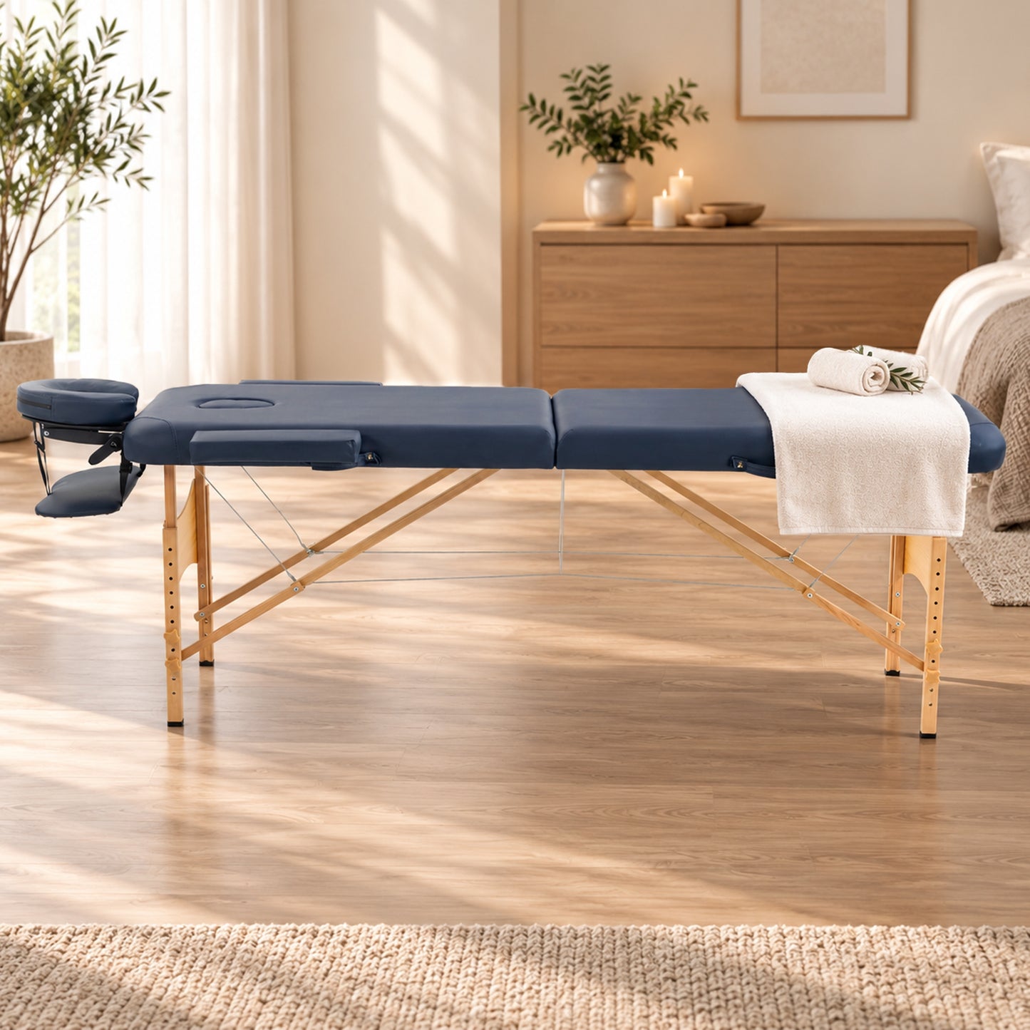 HOMCOM Portable Massage Bed, Folding Spa Beauty Massage Table with 2 Sections, Carry Bag and Wooden Frame, Dark Blue