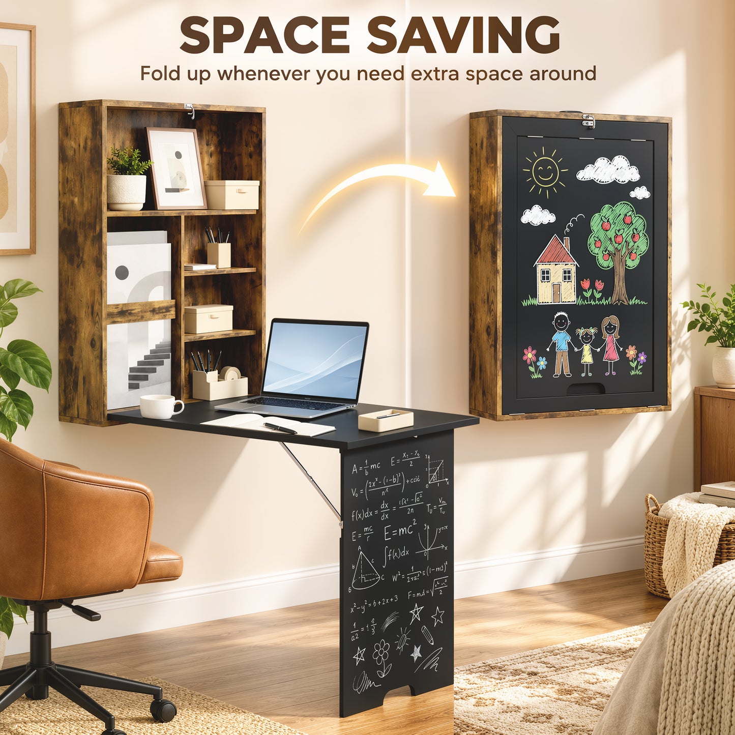 HOMCOM Folding Wall-Mounted Drop-Leaf Table, Convertible Wall Table With Chalkboard and Storage Shelf, Rustic Brown