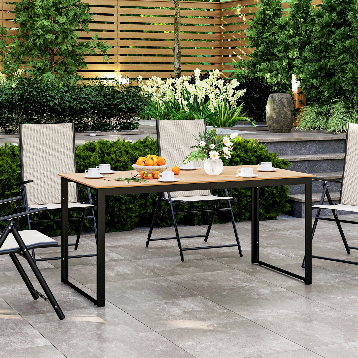 Outsunny Garden Table for 6 People, 160 x 80 x 75 cm Rectangle Outdoor Dining Table with Slatted Table Top, Metal Frame, for Balcony, Deck, Teak