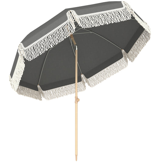 Outsunny 1.7 m Beach Umbrella with Sand Anchor, 30° Tilting Beach Garden Parasol with Adjustable Height, Grey