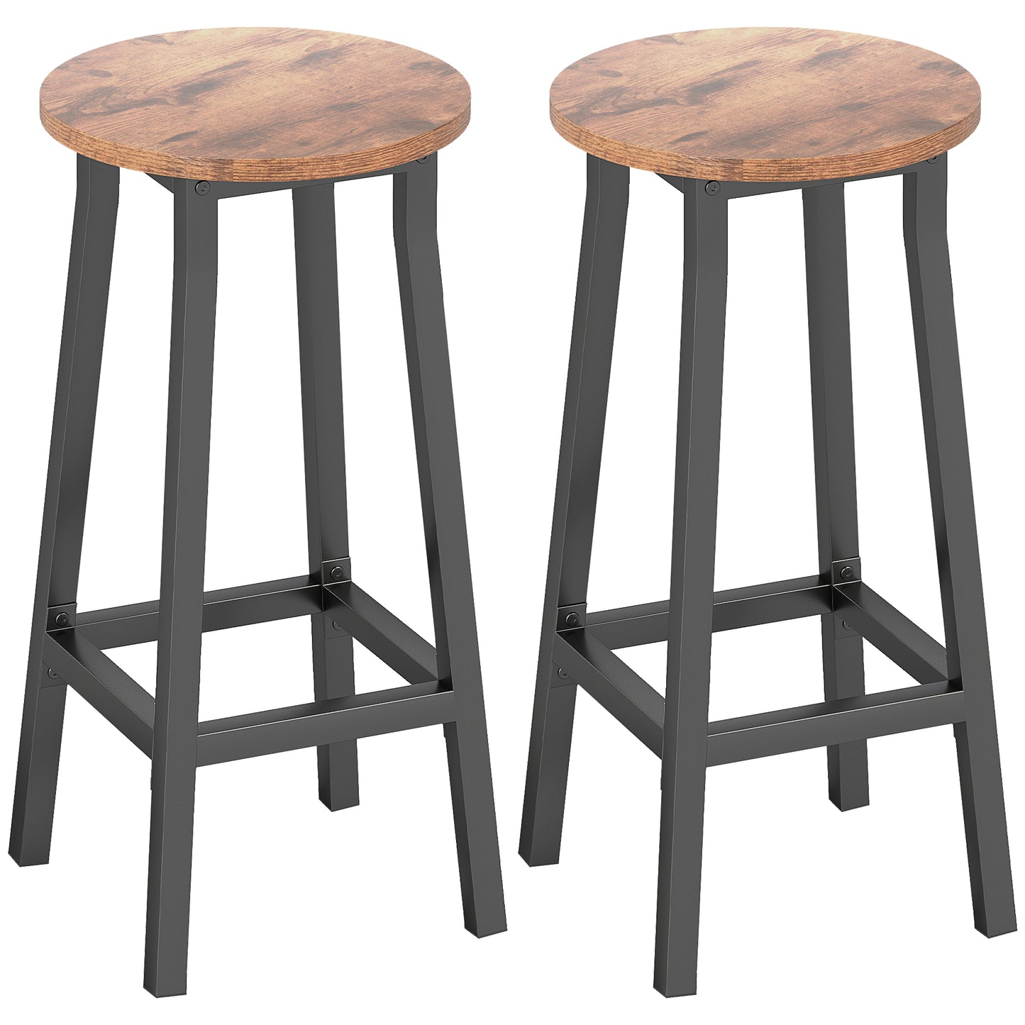 HOMCOM Bar Stools Set of 2 Breakfast Bar Stools with Footrest, Industrial Round, 32 x 32 x 65 cm, Rustic Brown