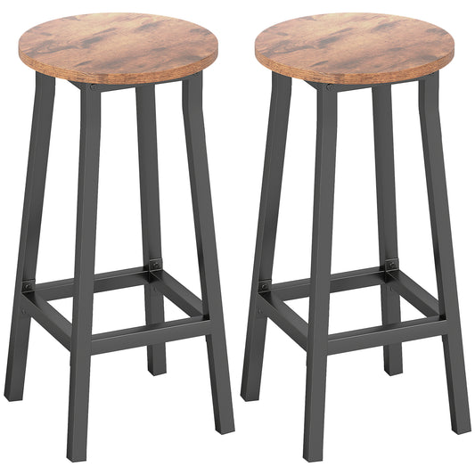 HOMCOM Bar Stools Set of 2 Breakfast Bar Stools with Footrest, Industrial Round, 32 x 32 x 65 cm, Rustic Brown