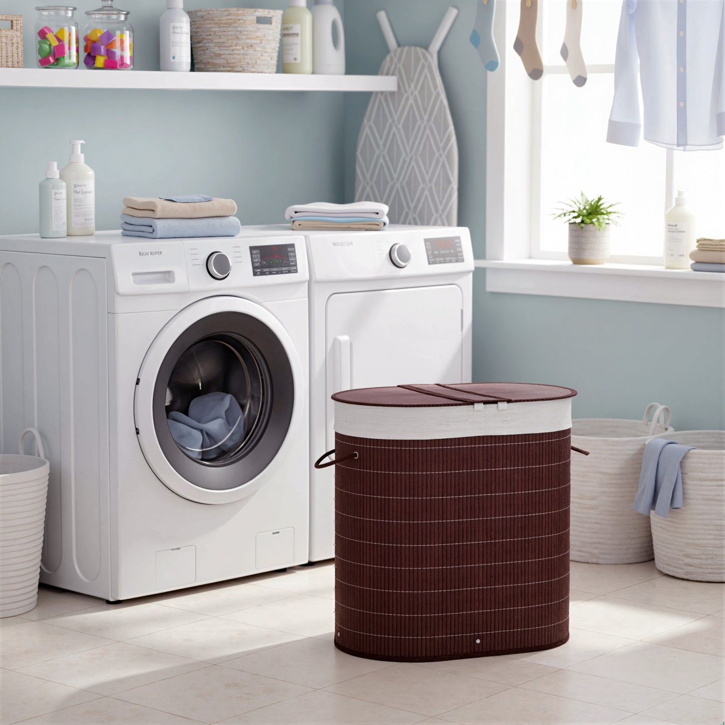 HOMCOM 100L Bamboo Laundry Basket with Lid, Washing Basket with 2 Compartments, Handles, Removable Liner, Brown