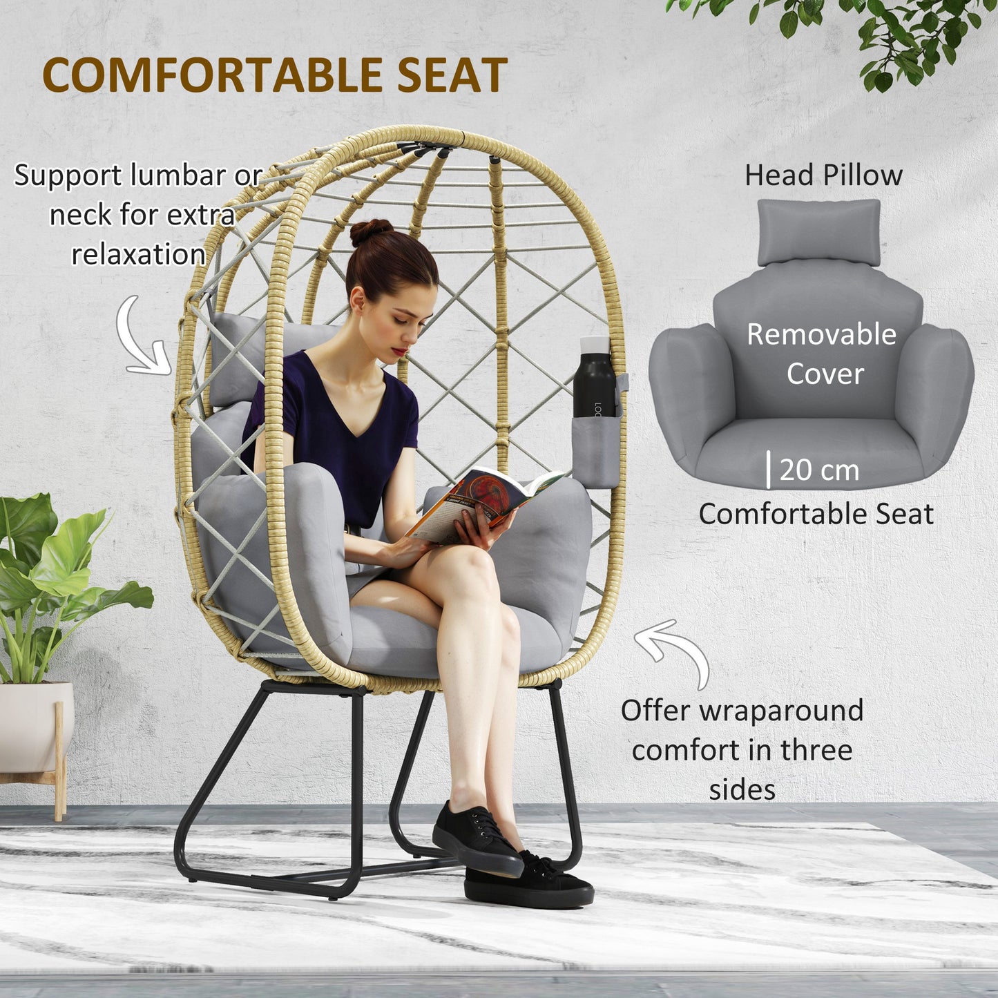 Outsunny Rattan Egg Chair for Outdoor/Indoor Use, with Cushion, Headrest, Cup Holder, Metal Frame, Grey