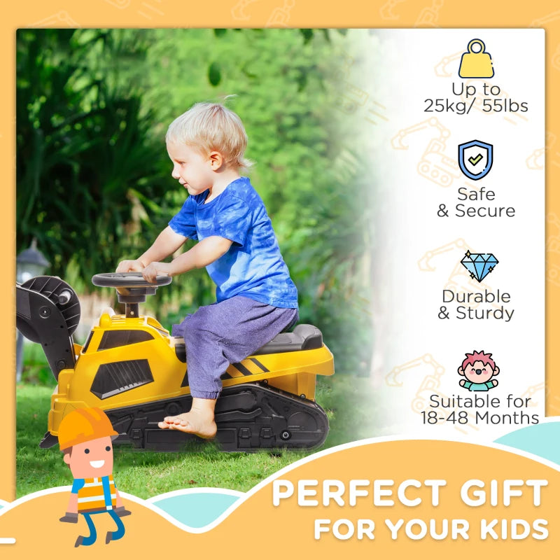 HOMCOM 3 in 1 Ride-On Excavator, Bulldozer, Road Roller, with Music, Anti-Roll Device, for Ages 18-48 Months - Yellow