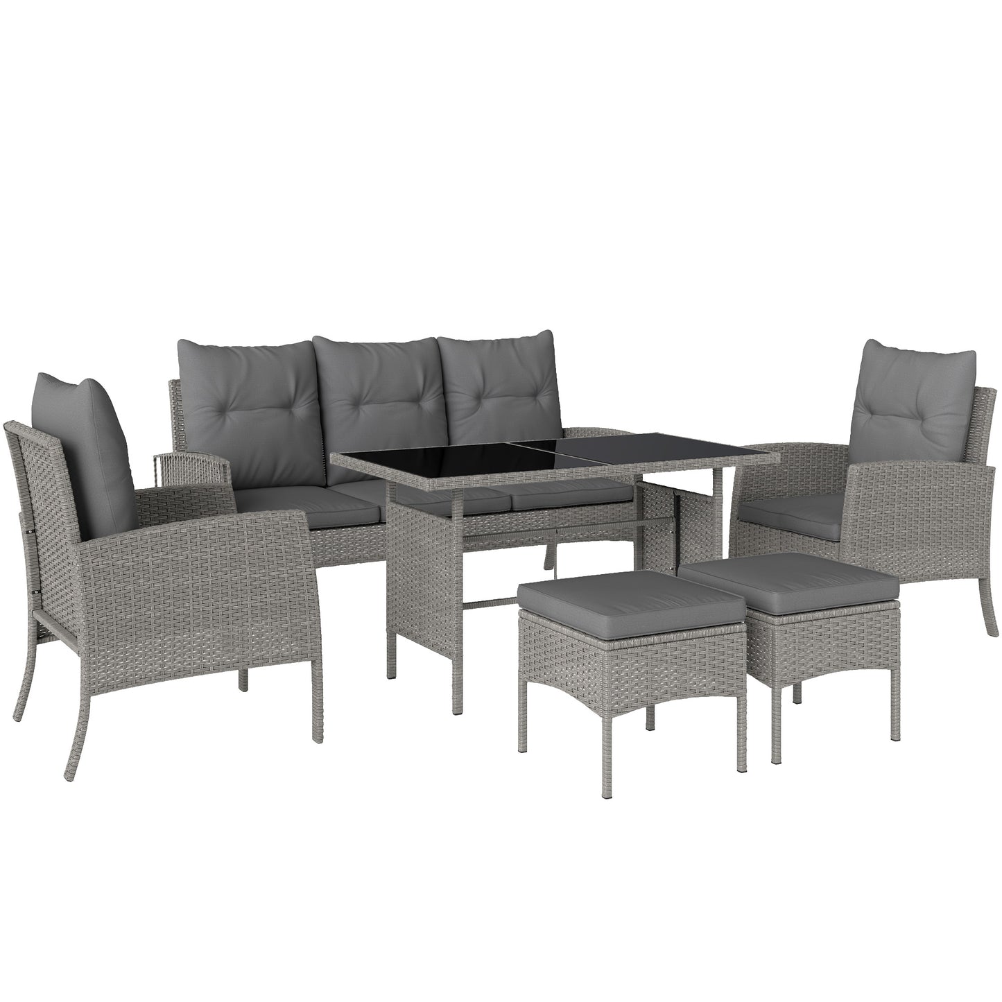 Outsunny 5 Seater Rattan Furniture Set: 2 Armchairs, 3-Seater Sofa, 2 Footstools, Table, Grey Cushions