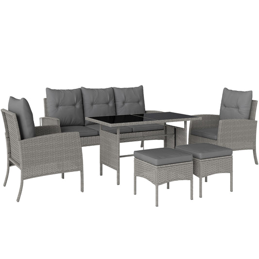 Outsunny 5 Seater Rattan Furniture Set: 2 Armchairs, 3-Seater Sofa, 2 Footstools, Table, Grey Cushions