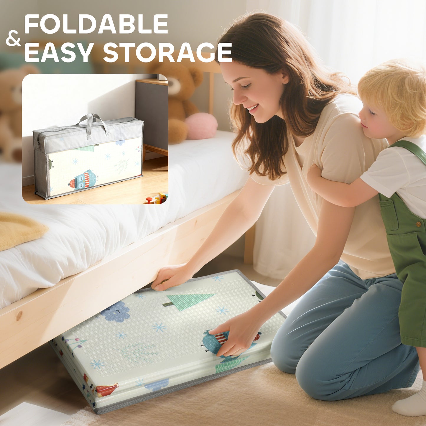 AIYAPLAY Foldable Baby Plat Mat Double Sided, Kids Floor Mat for Crawling, 195.5L x 147.5W cm, Car track and Owl Theme