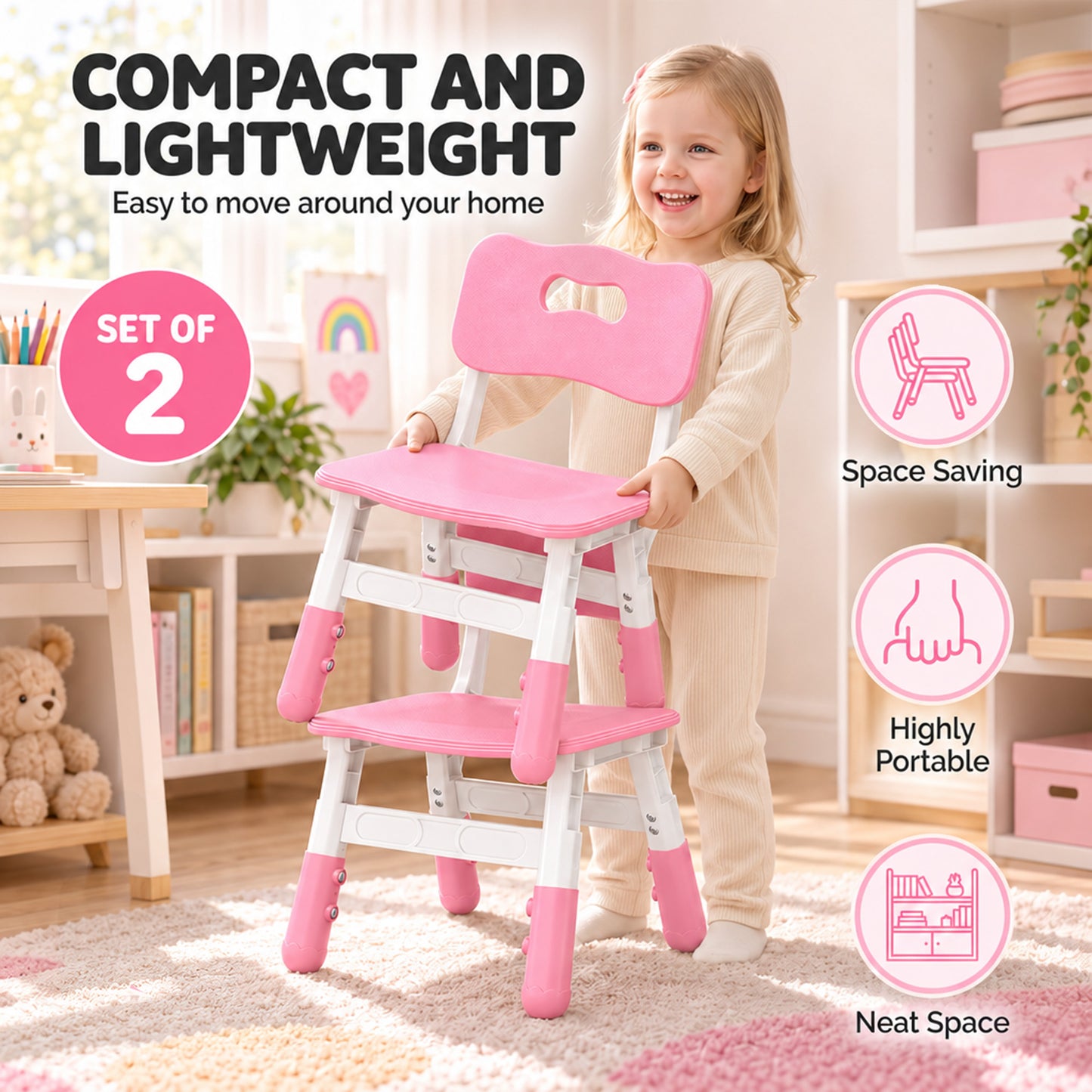 AIYAPLAY 2 PCS Kids Desk Chairs, 3 Level Height Adjustable Children's Chairs with Backrest for 1.5-8 Years, Max Load 50KG, Pink