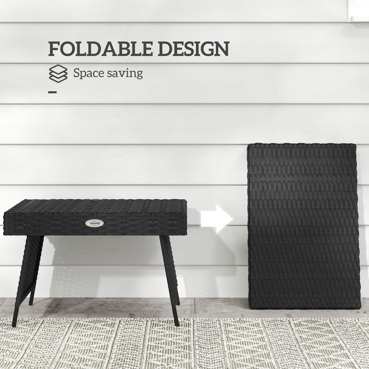 Outsunny Foldable Rattan Garden Coffee Table, Steel Frame, Space-Saving Patio/Balcony Furniture, 60x41x41 cm, Black