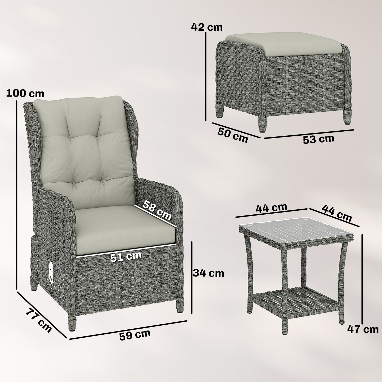 Outsunny 5 Piece Garden Furniture Set, Rattan Reclining Garden Chair Set of 2 with Footstool and Cushion for Balcony, Cream