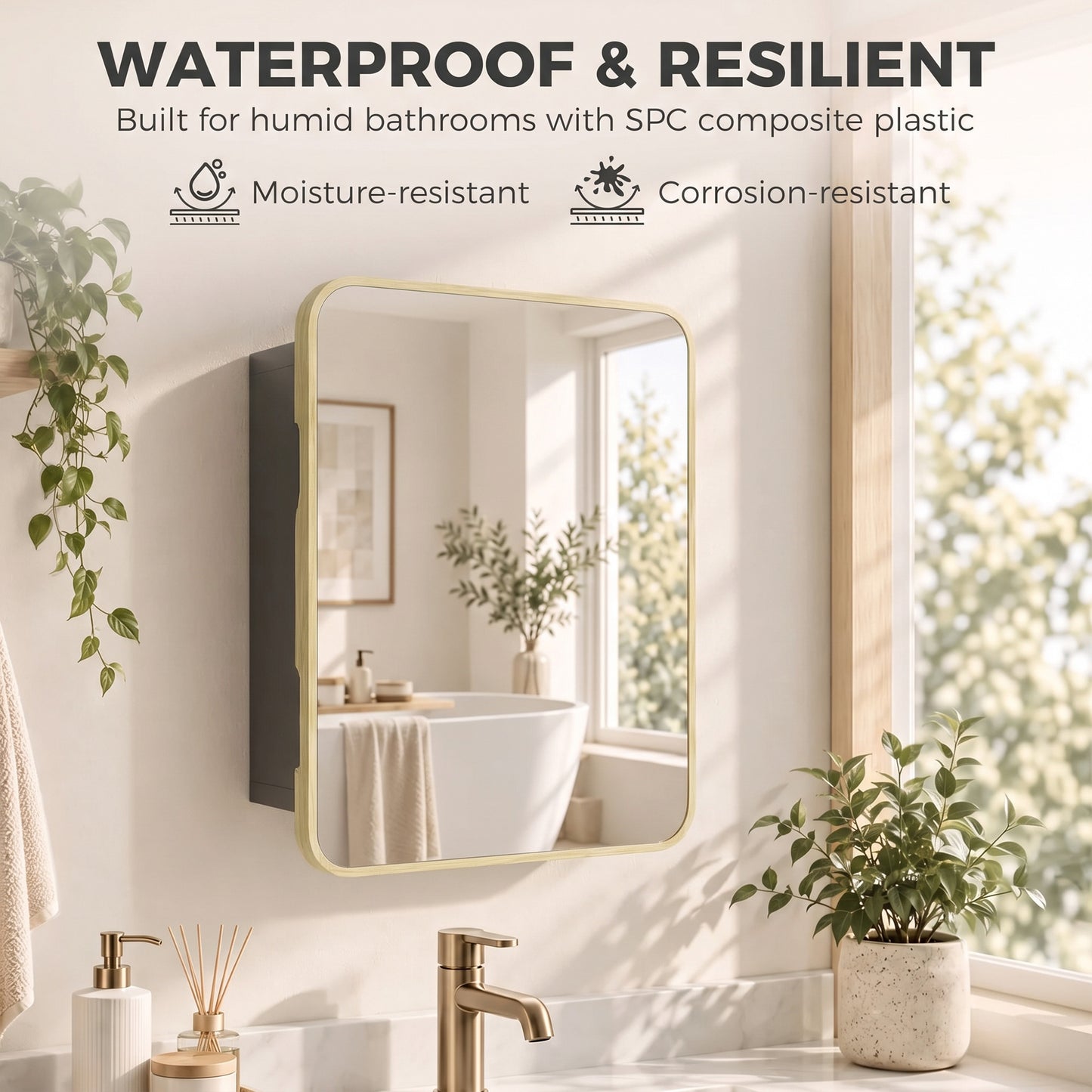 HOMCOM Bathroom Medicine Mirror Cabinet, Bathroom Wall Cabinet w/ Storage, Magnetic Door, Adjustable Shelf, Natural Wood Finish
