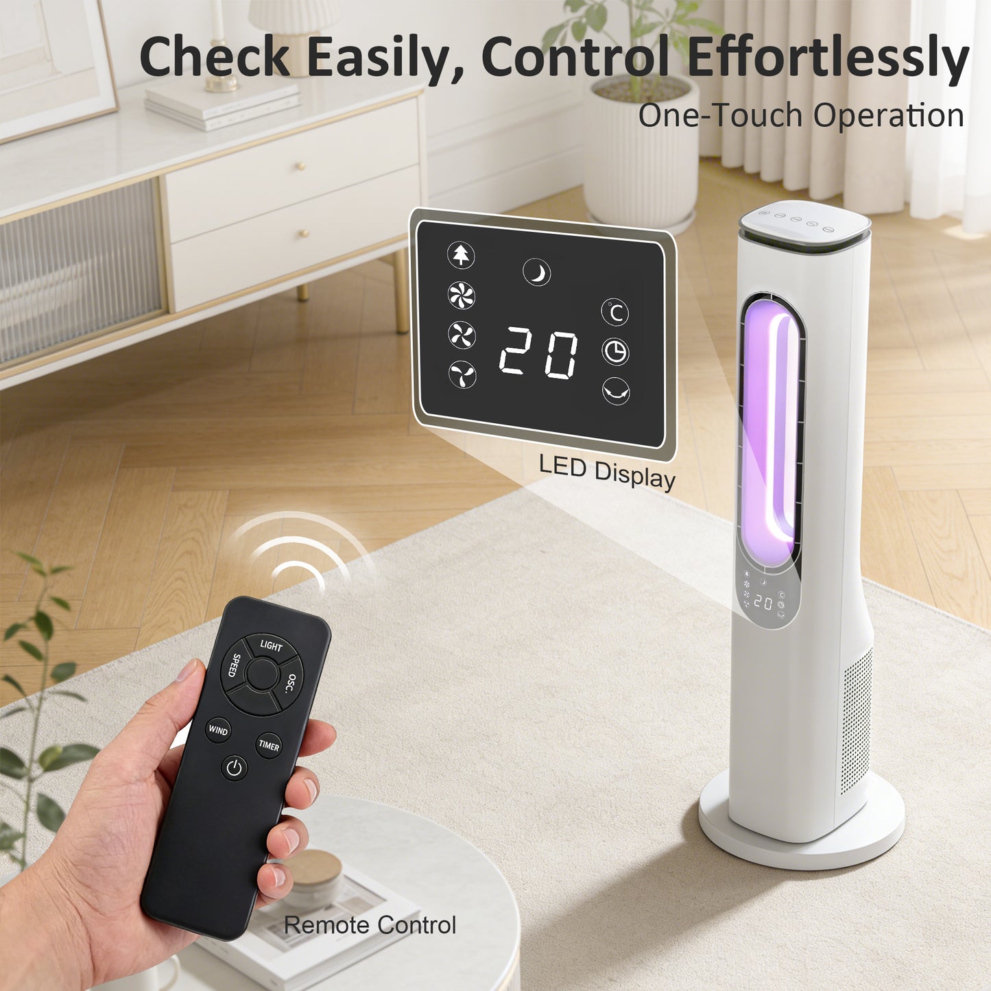 HOMCOM Bladeless Tower Fan for Bedroom, 35dB Standing Cooling Fan with 50° Oscillating, LED Lights, 3 Speeds, 15H Timer, White