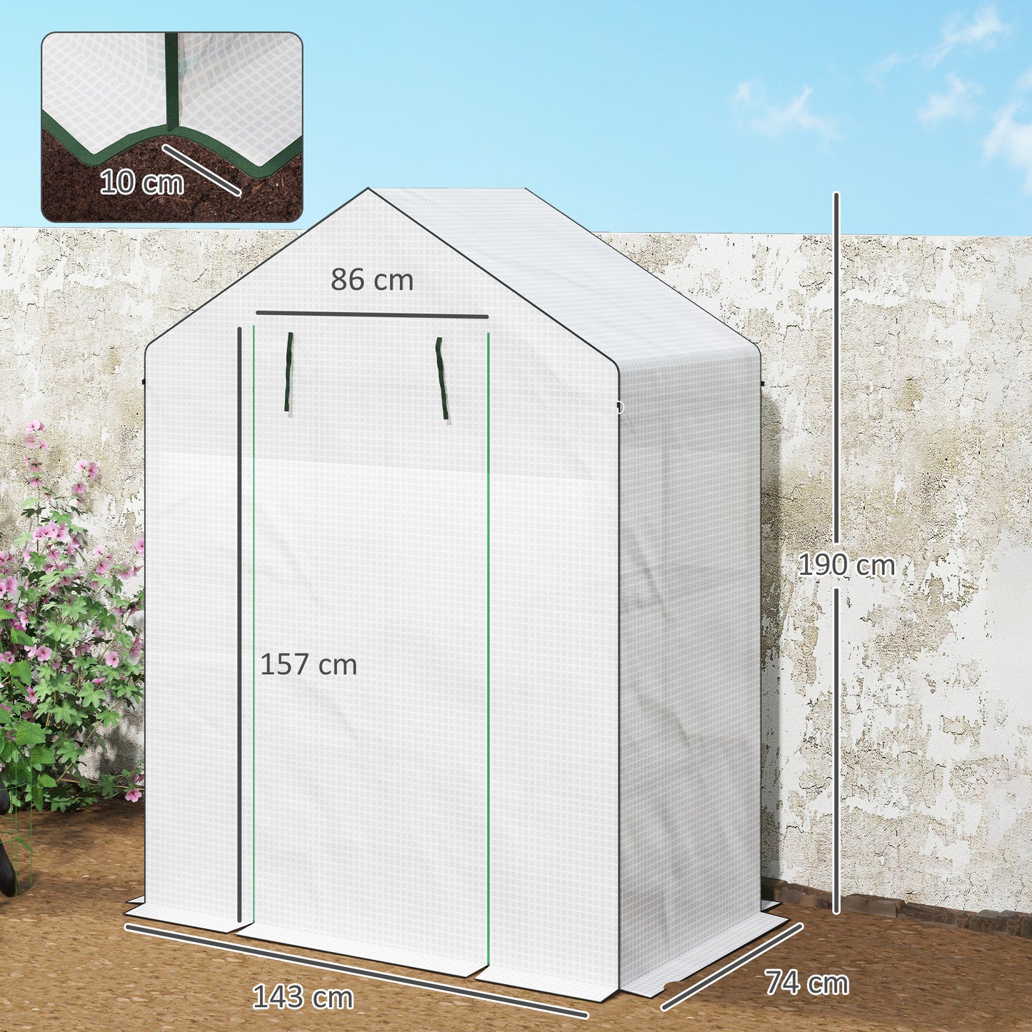 Outsunny Walk-in Greenhouse with 3 Tiers & 4 Shelves, Reinforced PE Cover, Roll-up Door, 143x74x190cm, White