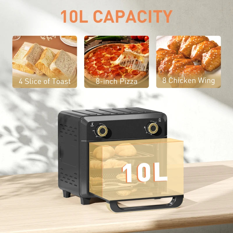 HOMCOM 10L Air Fryer Oven, Mini Oven, Oil Free Cooking, Grill, Roast, Bake, with Adjustable Temperature, Timer, Touch Screen, Dishwasher Safe, 1000W, Black