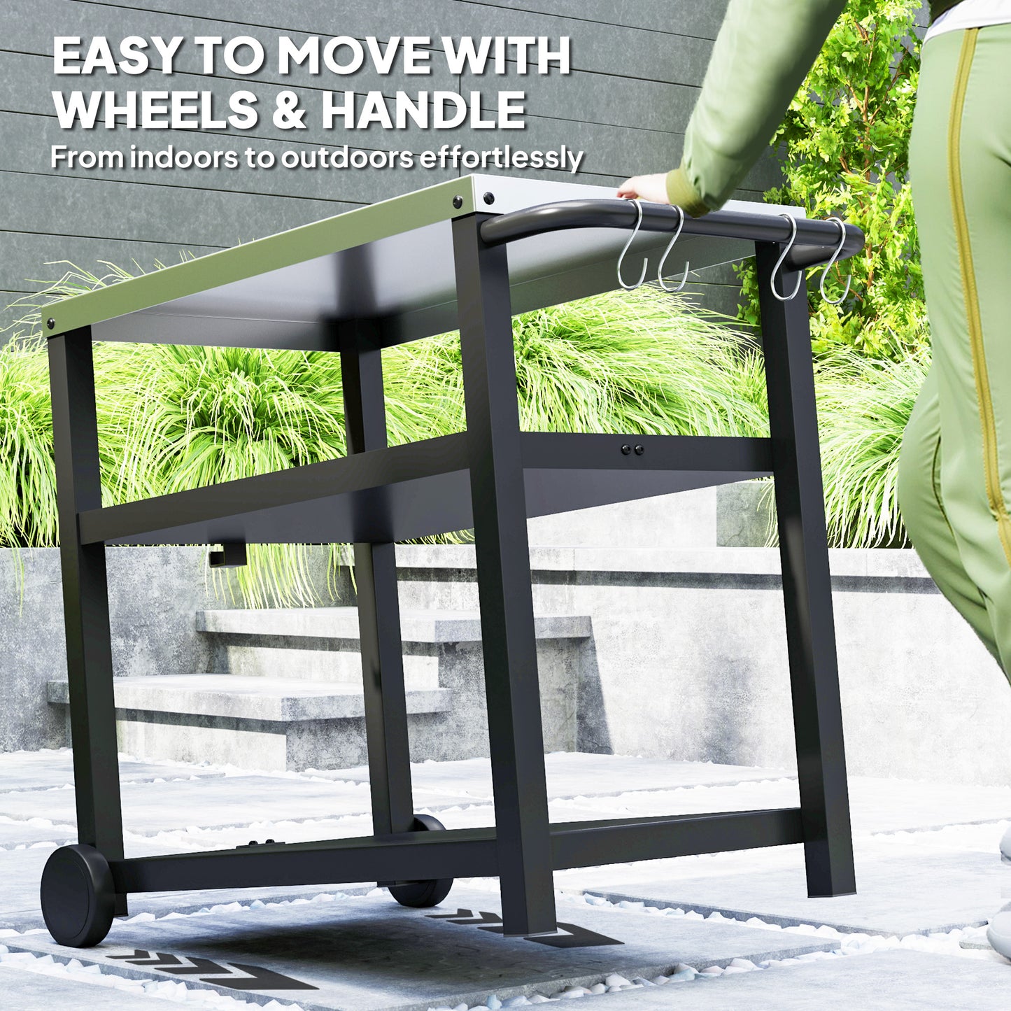 Outsunny Outdoor Grill Dining Cart, 3-Shelf Pizza Oven Table with Stainless Steel Top, Portable BBQ Trolley with Wheels, Charcoal Grey