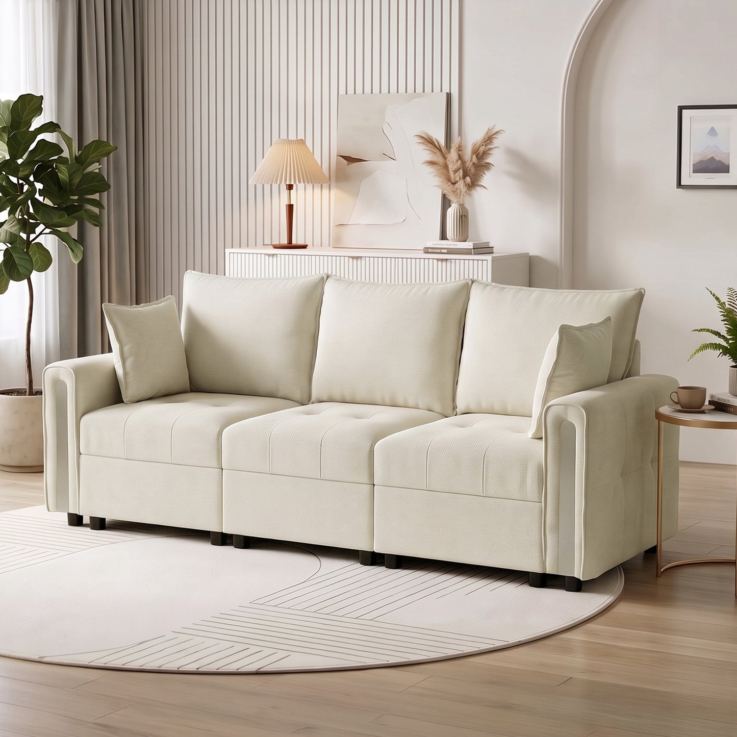HOMCOM 3 Seater Sofa with Lift-Up Storage, 228cm Comfy Velvet Couch with Wide Deep Seat, Beige