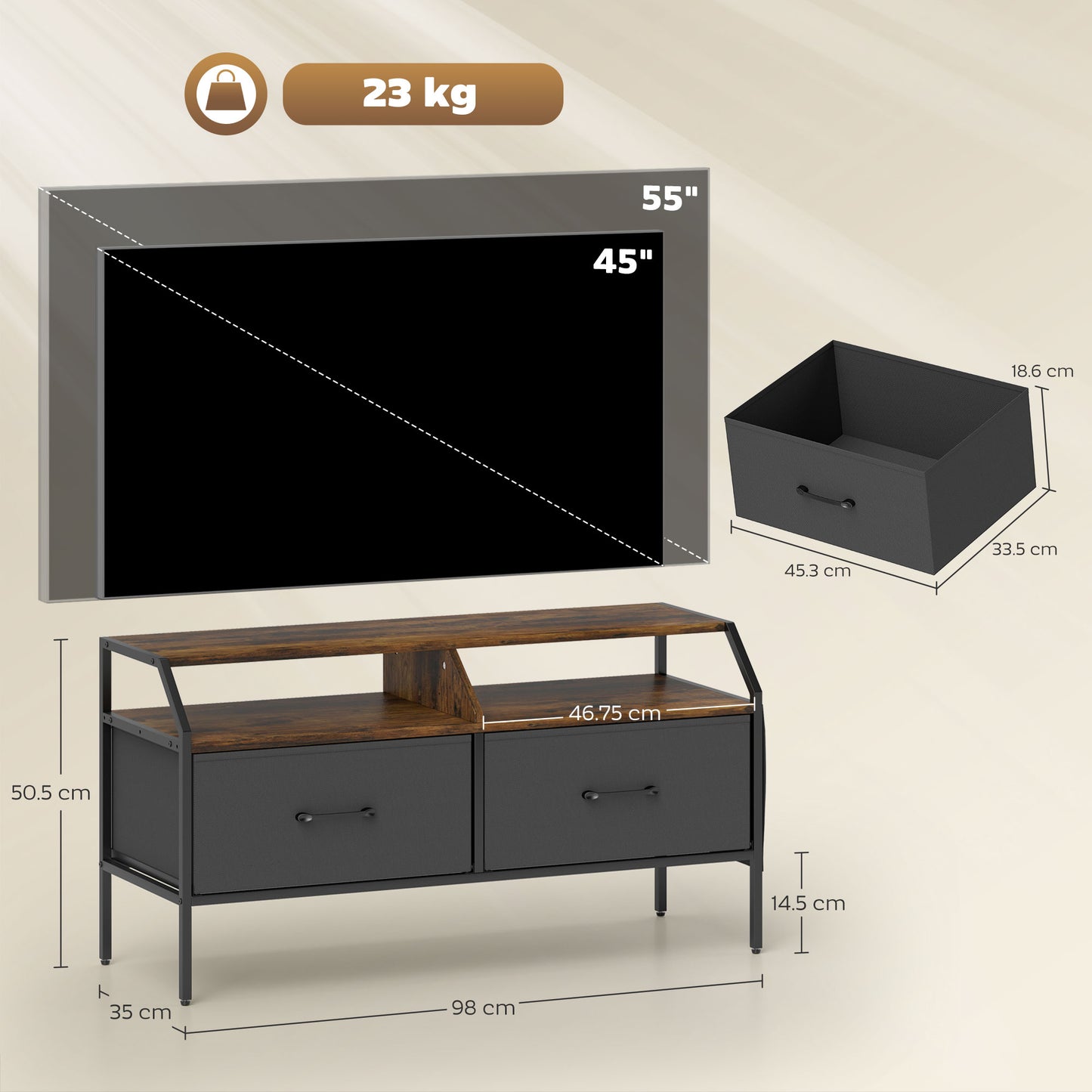 HOMCOM TV Stand Cabinet for 55-inch TVs, 2 Foldable Fabric Drawers, 5 Side Pockets, Open Shelves, Console Table, Rustic Brown